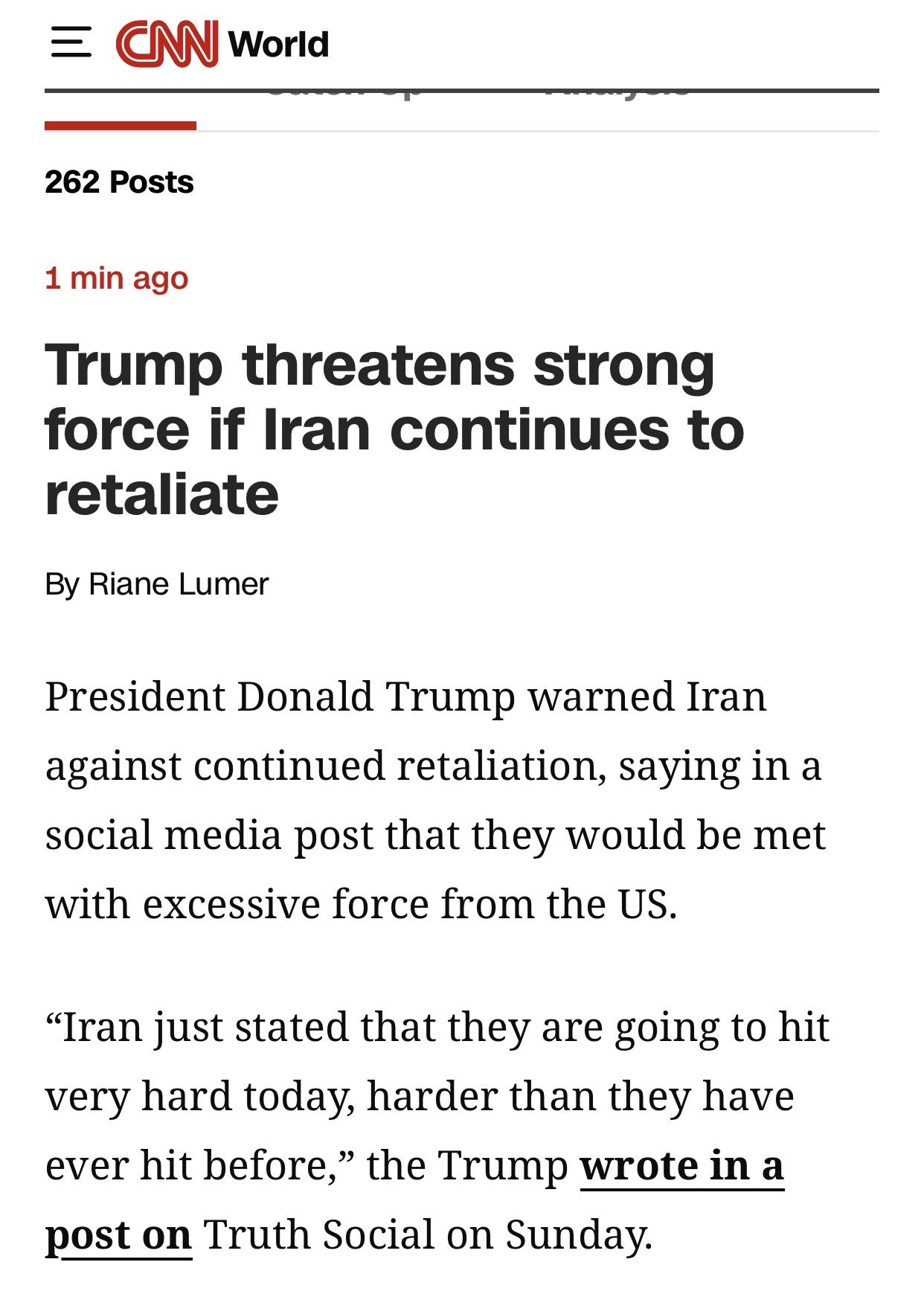 美媒：特朗普称如果伊朗继续报复将强化打击

美国有线电视新闻网(CNN)官网3月
