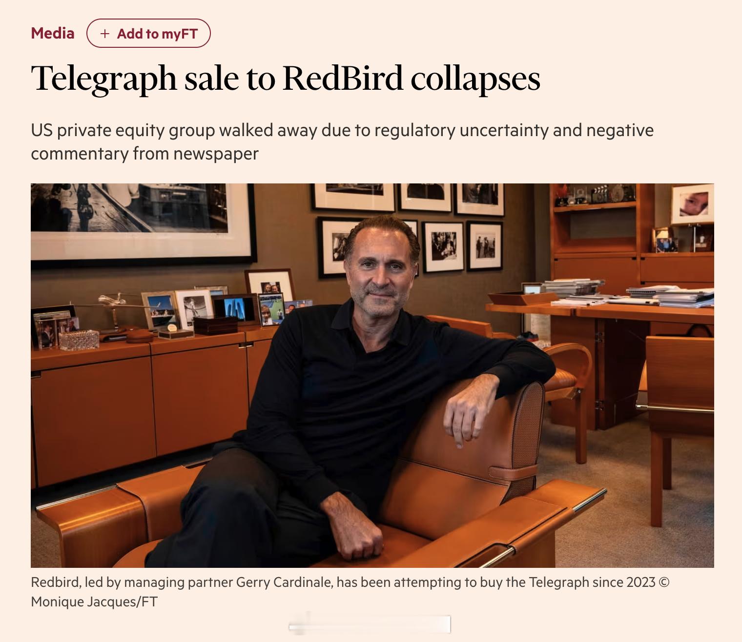 5亿英镑将<每日电讯报>出售给美国私募股权公司 RedBird 的交易已经告吹，