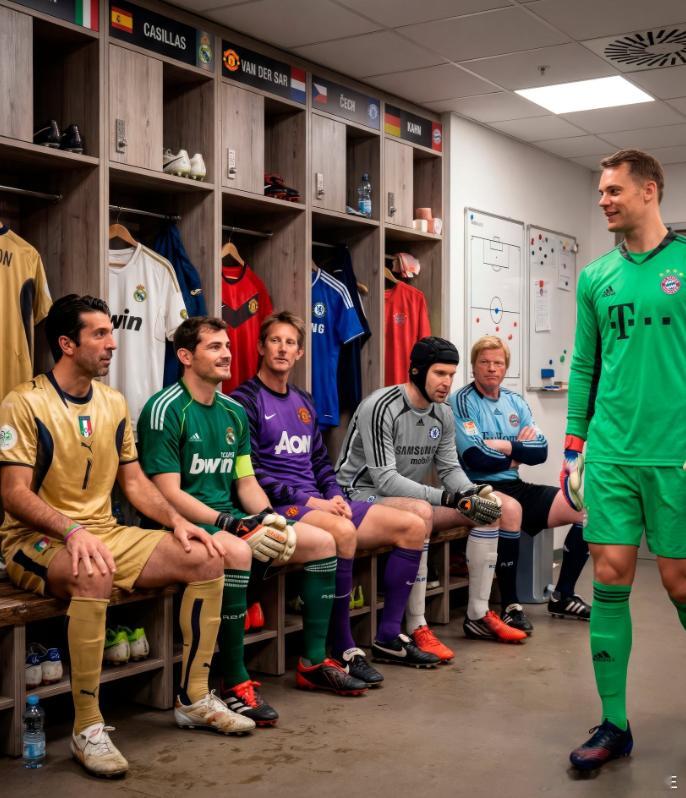 还别说，几位传奇门将大佬聚会，包间就五把交椅：卡恩、切赫、范德萨、卡西利亚斯、布