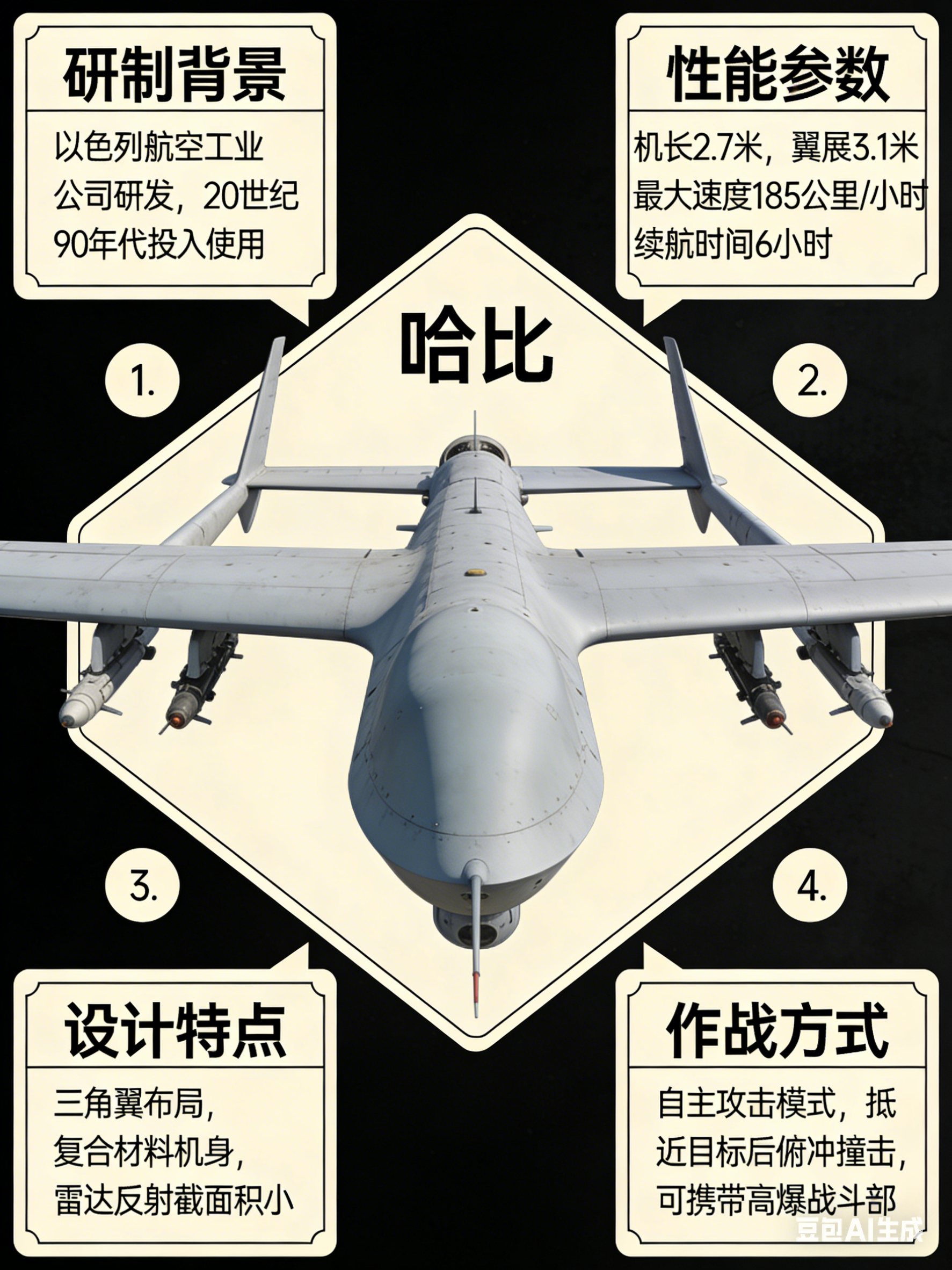 军事ai新视野 “哈比”无人机［美］机长：2.7米翼展：2.1米最大速度：185