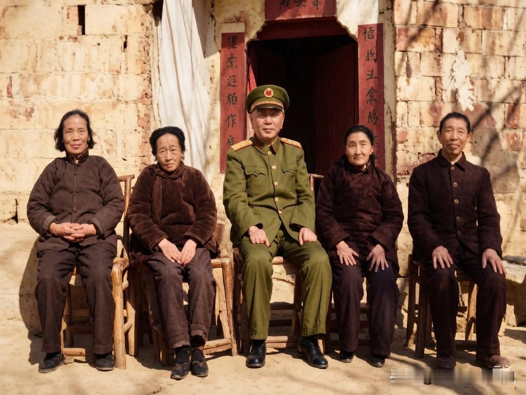 这是1989年2月，刘华清上将与弟弟刘梅清、姐姐刘润清及二位嫂子在老家故居门前的
