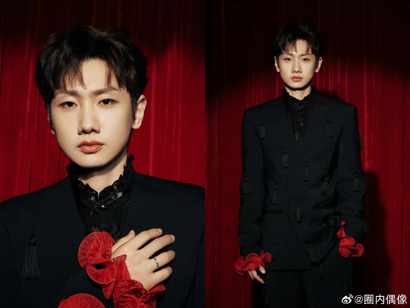 汪苏泷夜莺与玫瑰音乐与浪漫双向奔赴！汪苏泷身着限定黑西装+鲜红荷叶边丝绒衬衫，借