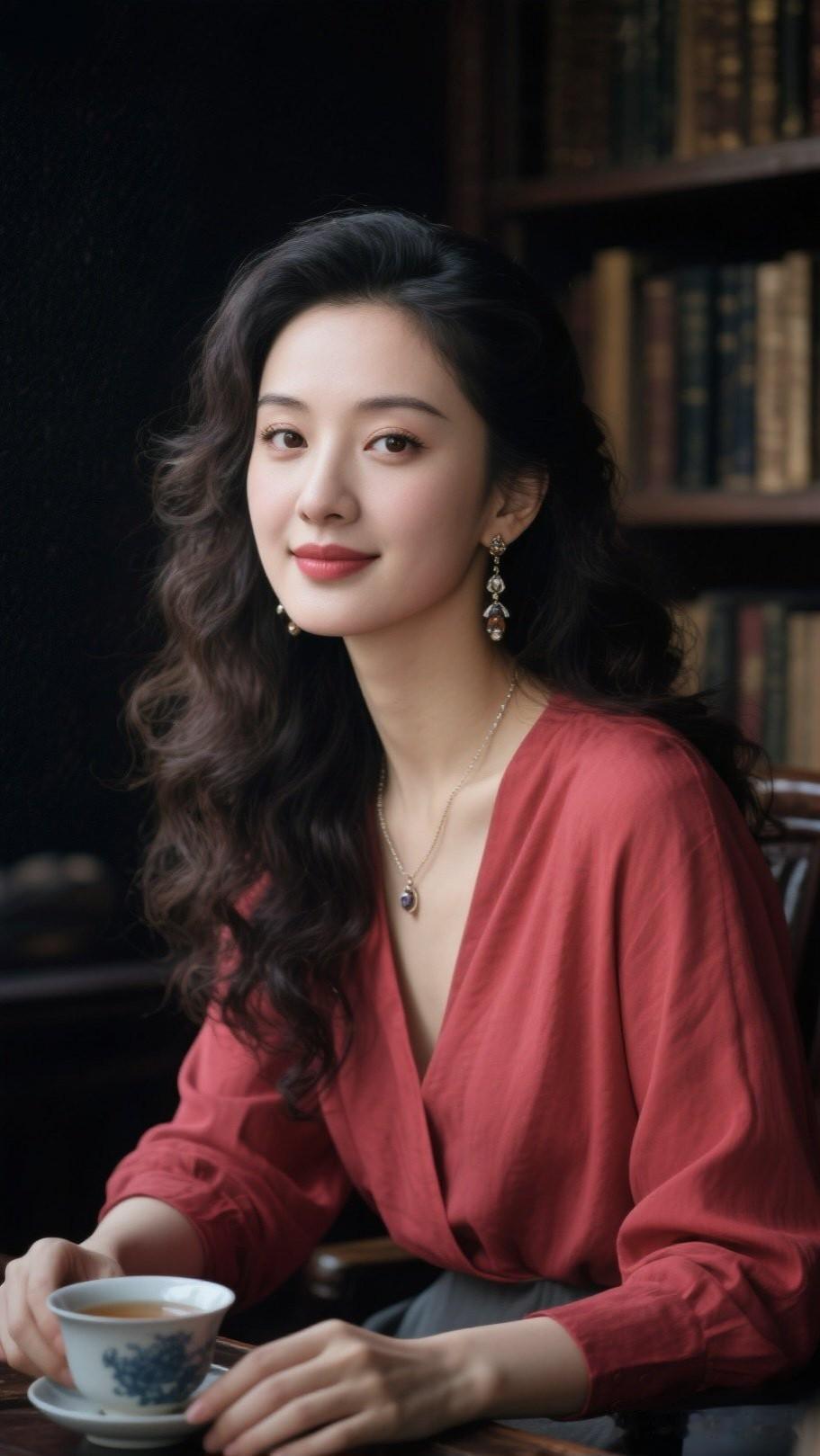 优雅红衣女子，书香浸染的静谧时光。