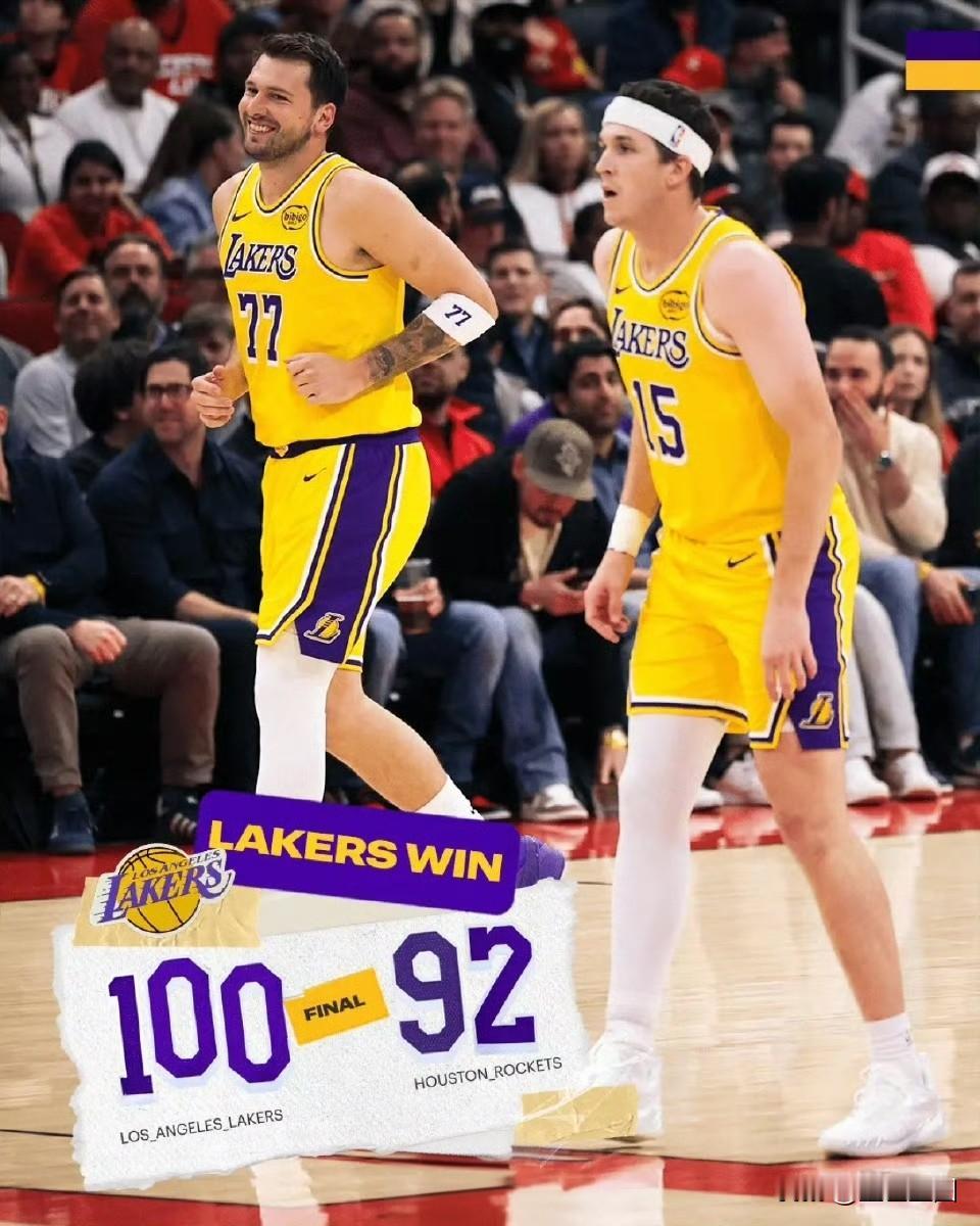 6连客第一场，湖人100:92战胜火箭，继续稳居西部第三！
东契奇又砍下36分，