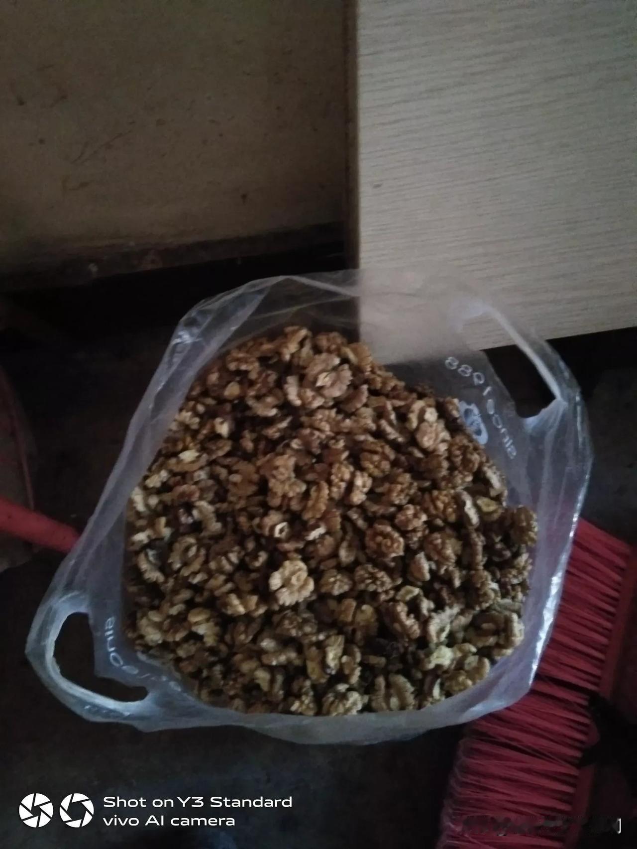 这几天晚上，八点开始人工加工核桃了。但多数连皮榨油，我是觉得辛苦一点，打开后才知