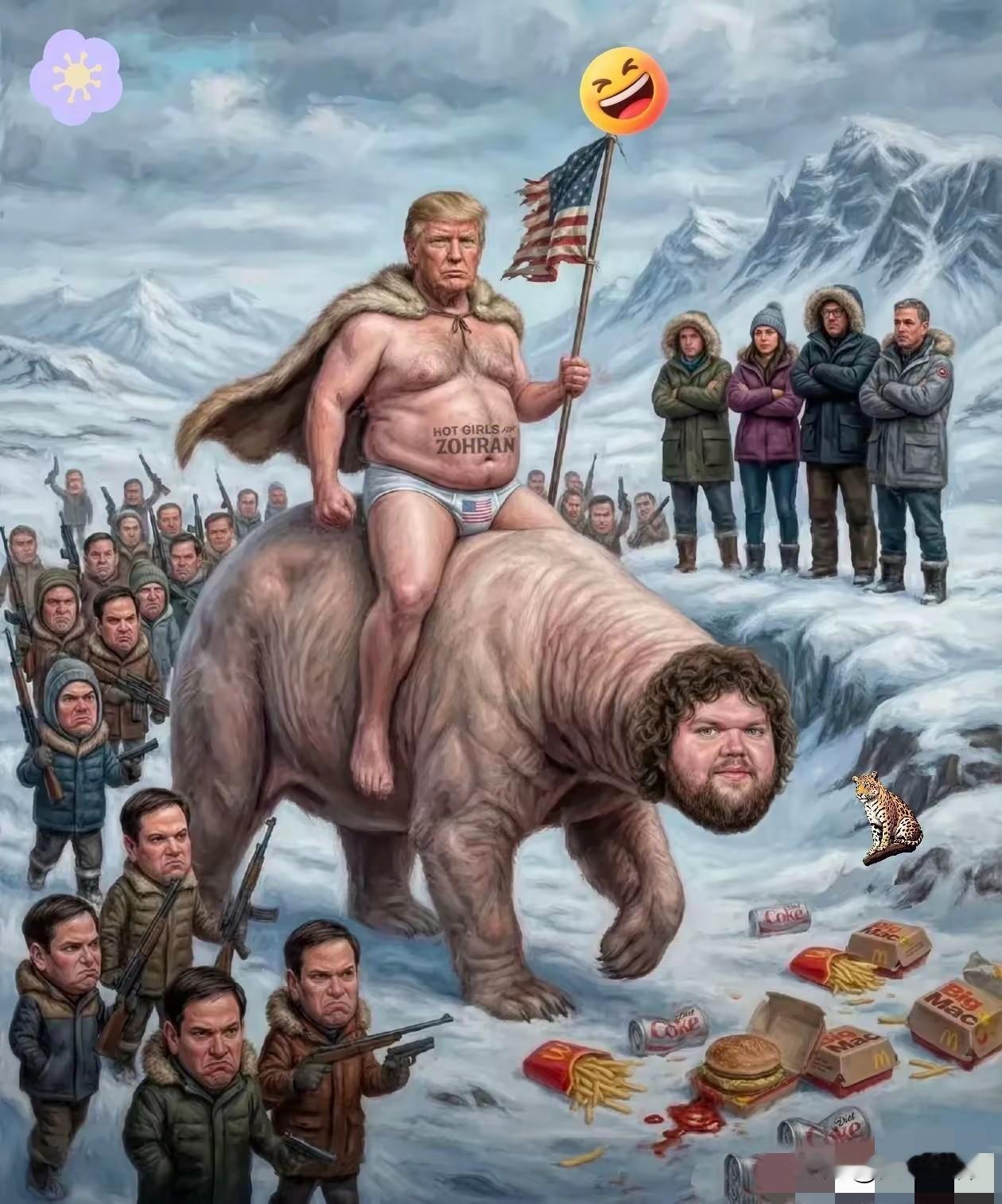 一张漫画，把外网给引爆了。画风很“帝国”，
特朗普骑着高头大马，身后旌旗蔽日，还