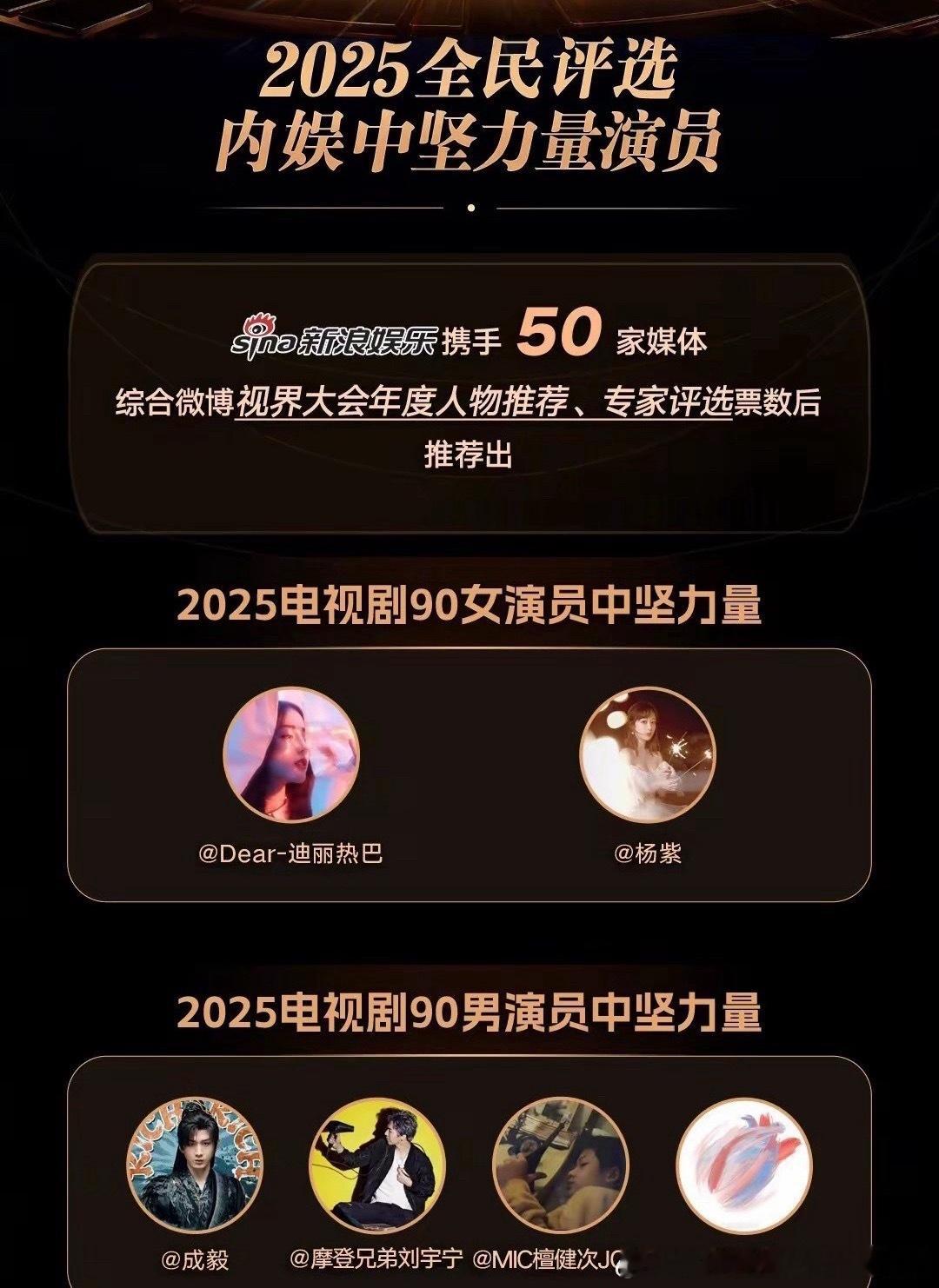 新浪选出的2025年内娱中坚力量演员没有赵露思 虞书欣就算了，咋王一博也没有 ​