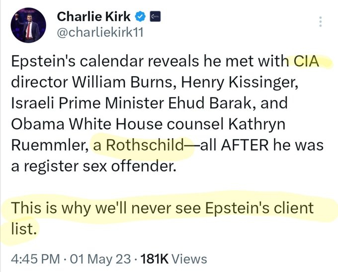 事实证明，查理·柯克早在三年前就已经追踪到罗斯柴尔德-爱泼斯坦的联系。Turns