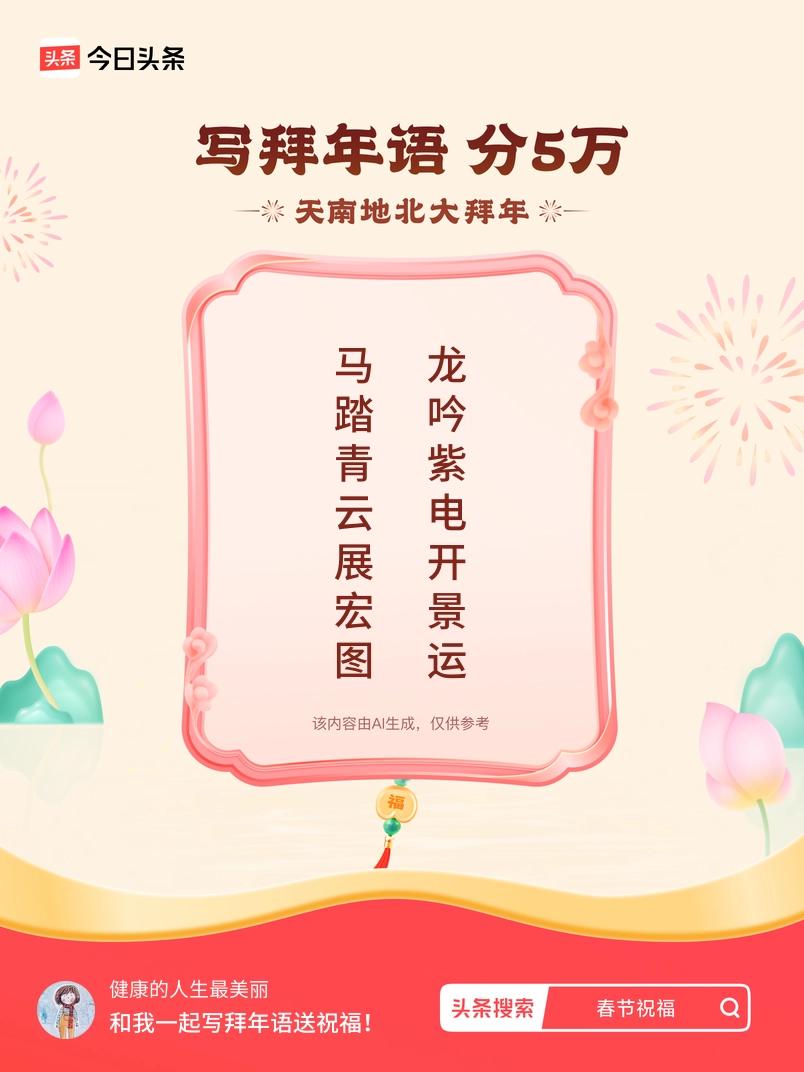 写拜年语送祝福新春拜年送祝福！我的祝福是：“马踏青云展宏图，龙吟紫电开景运”！快