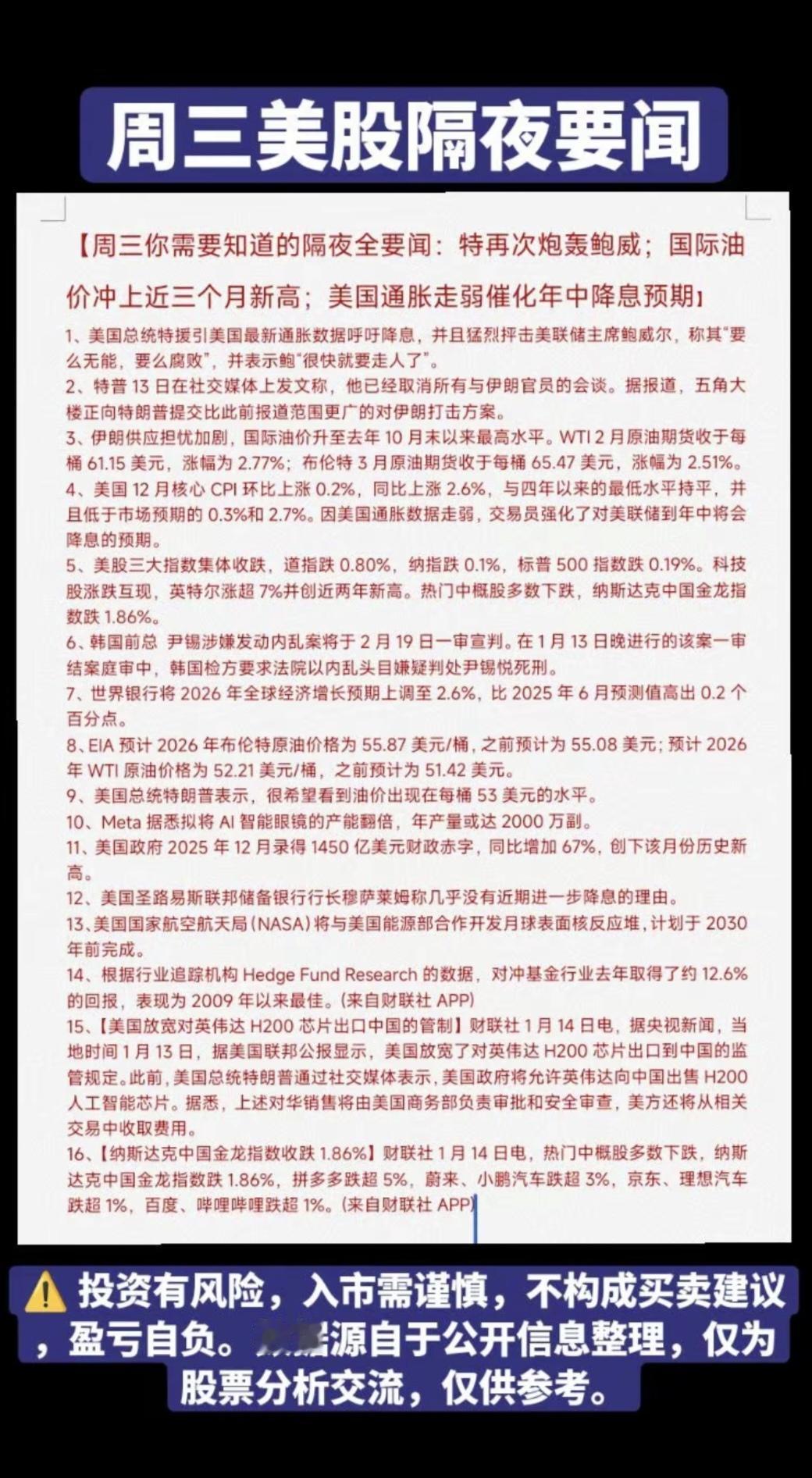 1.14   周三  美股隔夜要闻！

1.国际油价创3个月新高
2.伊朗，国际