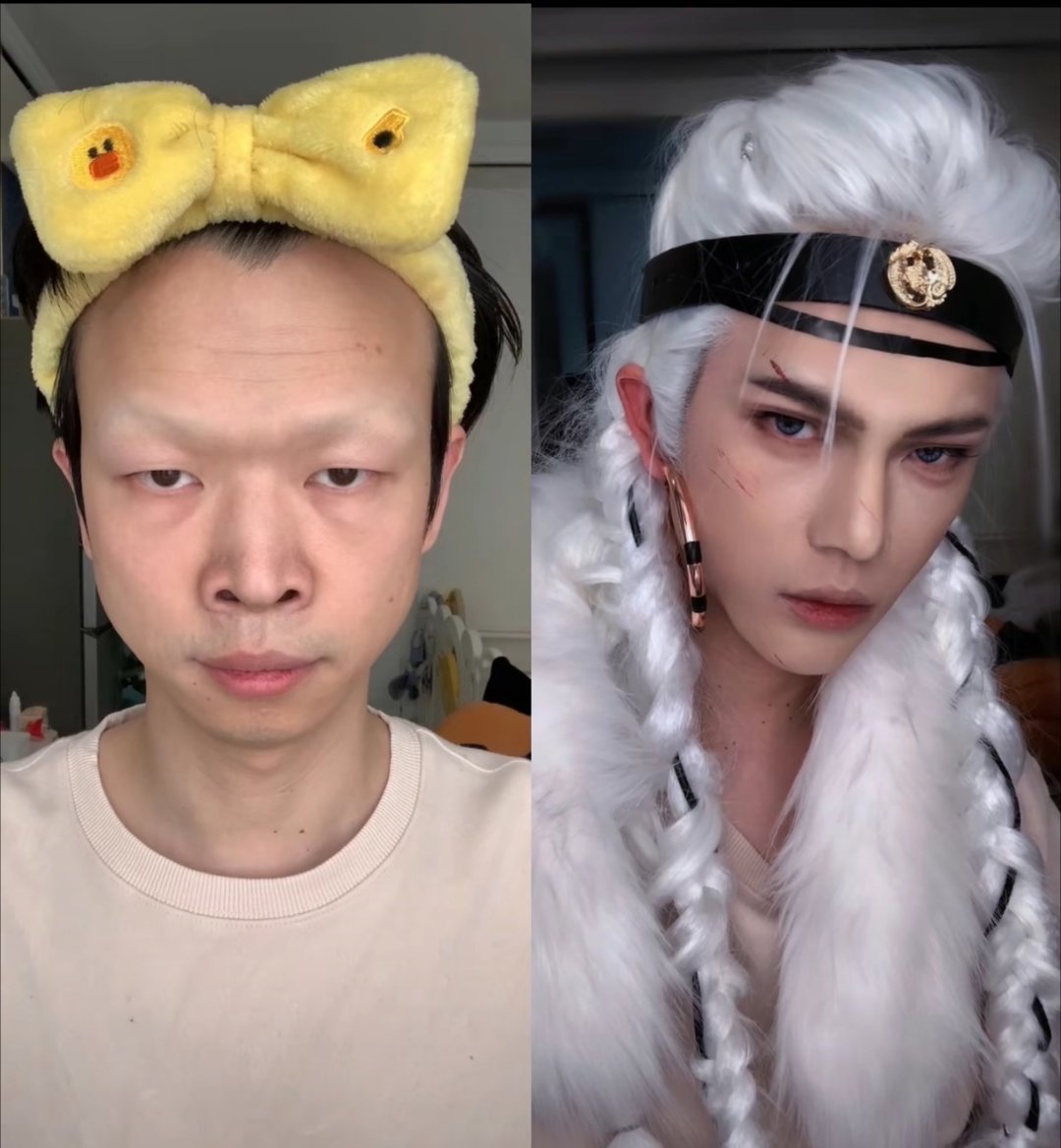 这位博主画妆前：无眉下三白，好吓人的面相。（眉毛应该是剃了，眼睛也是故意那样的）