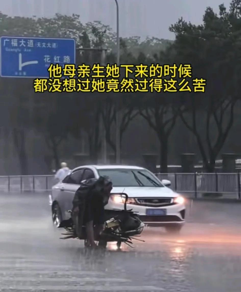 一个老人在大雨中拉着破车佝偻着艰难的前行！是什么让他这么艰难？如果他母亲知道他到