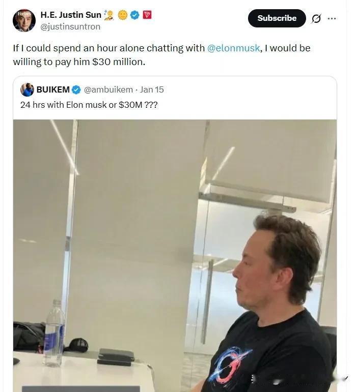 孙宇晨出3000万美元与马斯克单独聊一个小时！

1月18日，孙宇晨在X上发帖表