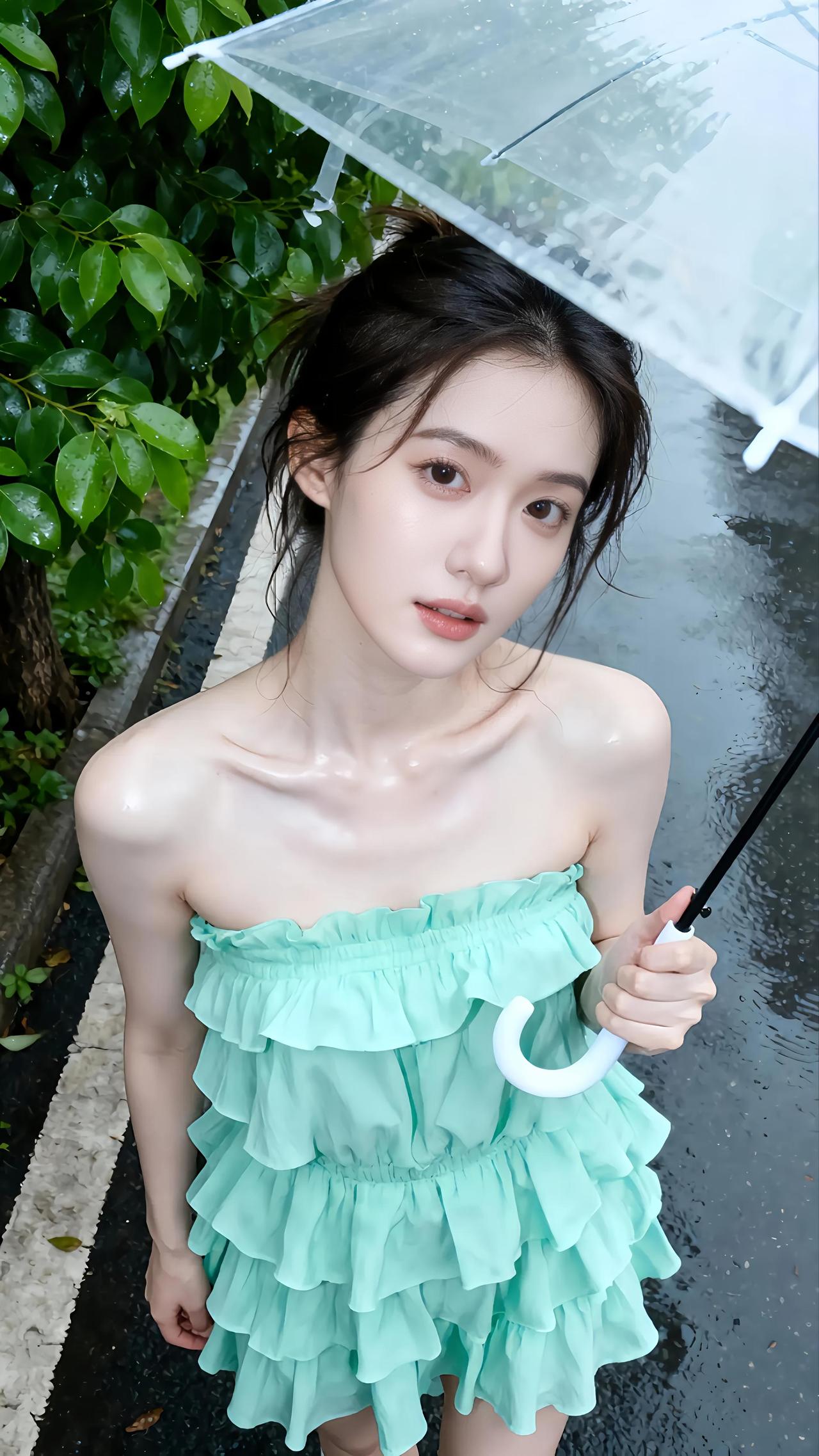 雨中踱步，身着清新薄荷绿连衣裙，手持雨伞漫步于雨中，尽情感受大自然的清新与浪漫。