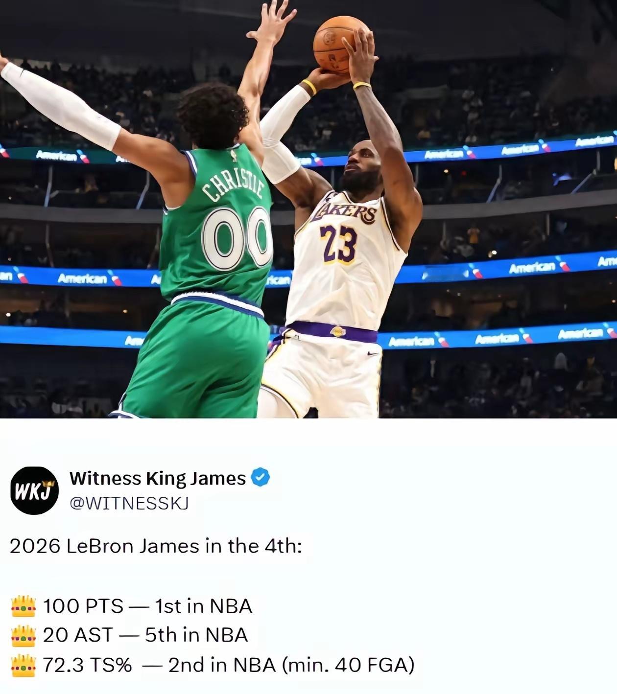 姜还是老的辣！41岁詹姆斯今年末节拿到100分，联盟第一北京时间1月25日，湖人