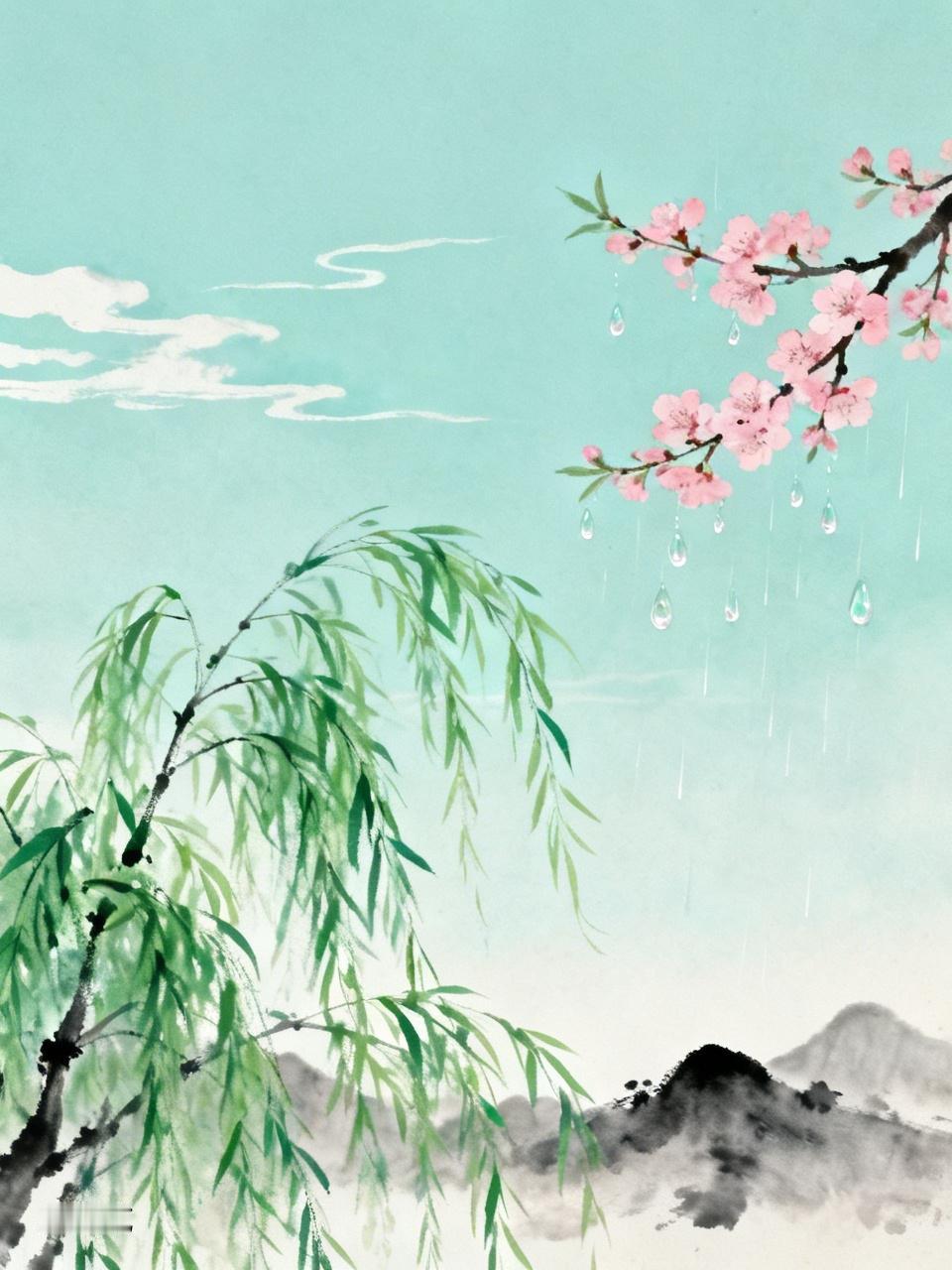 上联：昨夜春风梳绿柳，
下联：今朝细雨润红桃。