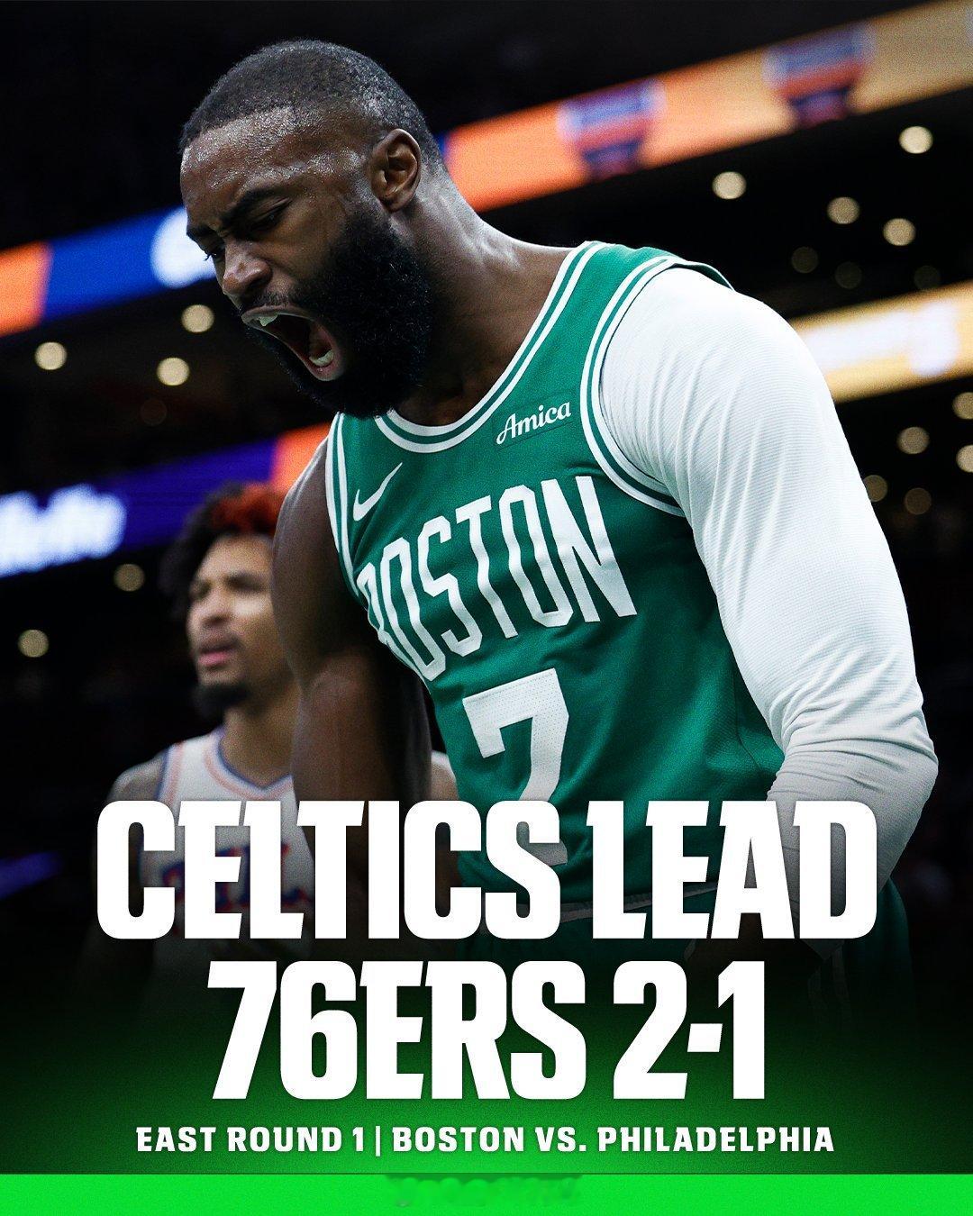 客场拿下！凯尔特人108-100战胜76人！系列赛大比分2-1领先！第四节，杰伦