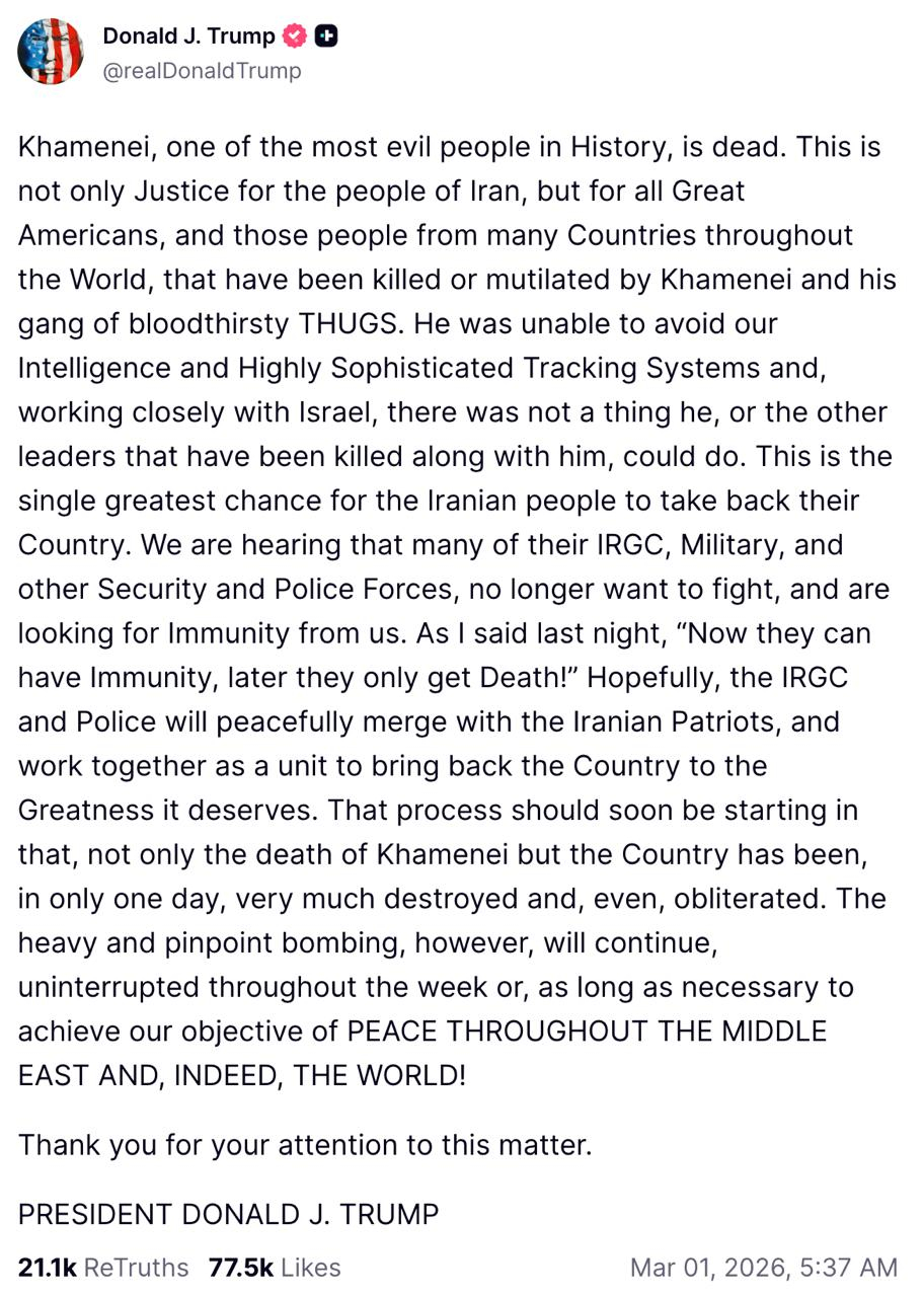 特朗普：历史上最邪恶的人物之一哈梅内伊已经毙命。这不仅是伊朗人民的正义，也是所有