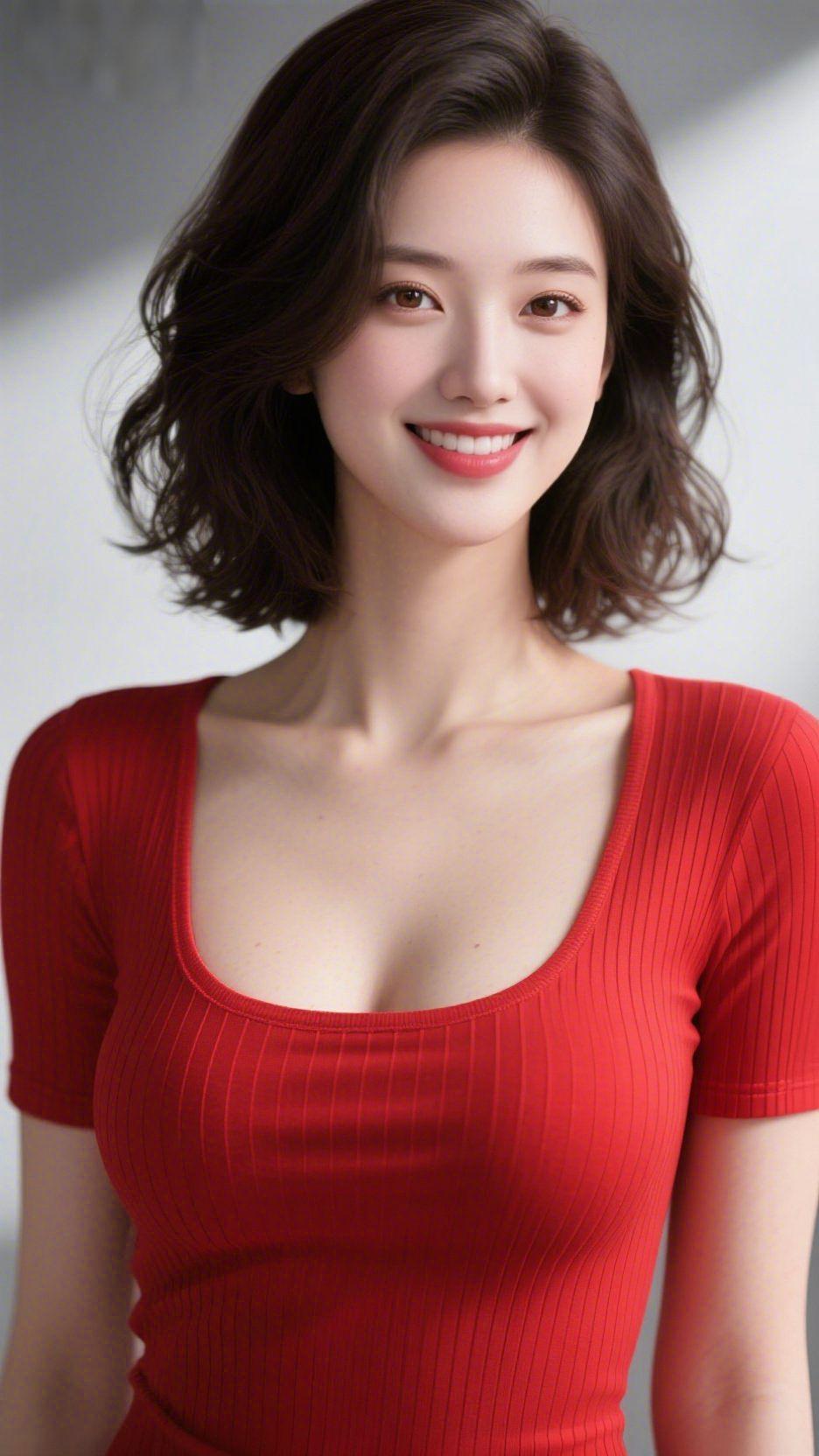 红衫映笑颜
 
一抹红衫撞入浅灰的背景，像揉碎的人间甜意，裹着满溢的欢喜。她眉眼