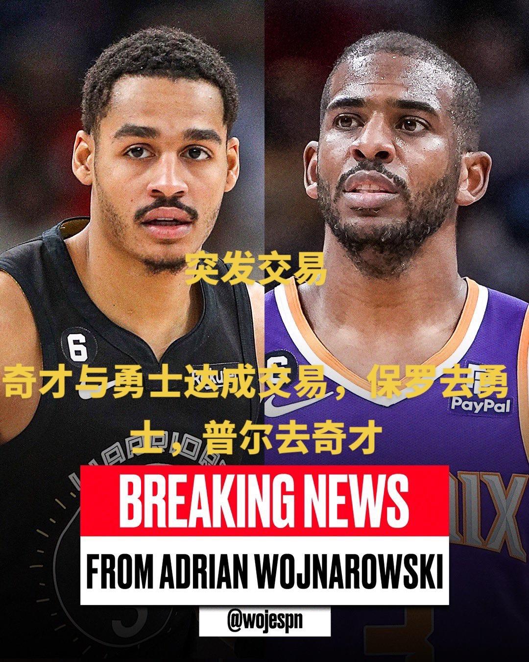 奇才与勇士达成交易，保罗去勇士，普尔去奇才#nba #保罗交易勇士 #库里