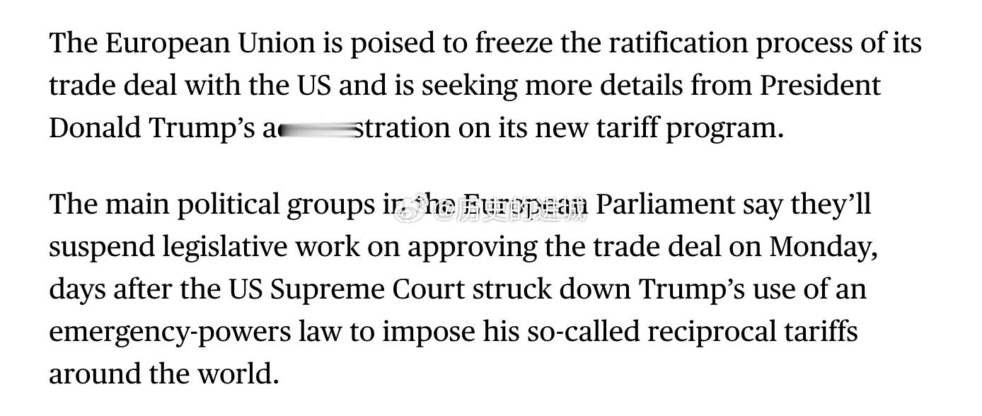欧盟准备在周一冻结与美国贸易协定的批准程序，并要求特朗普政府就其新关税计划提供更