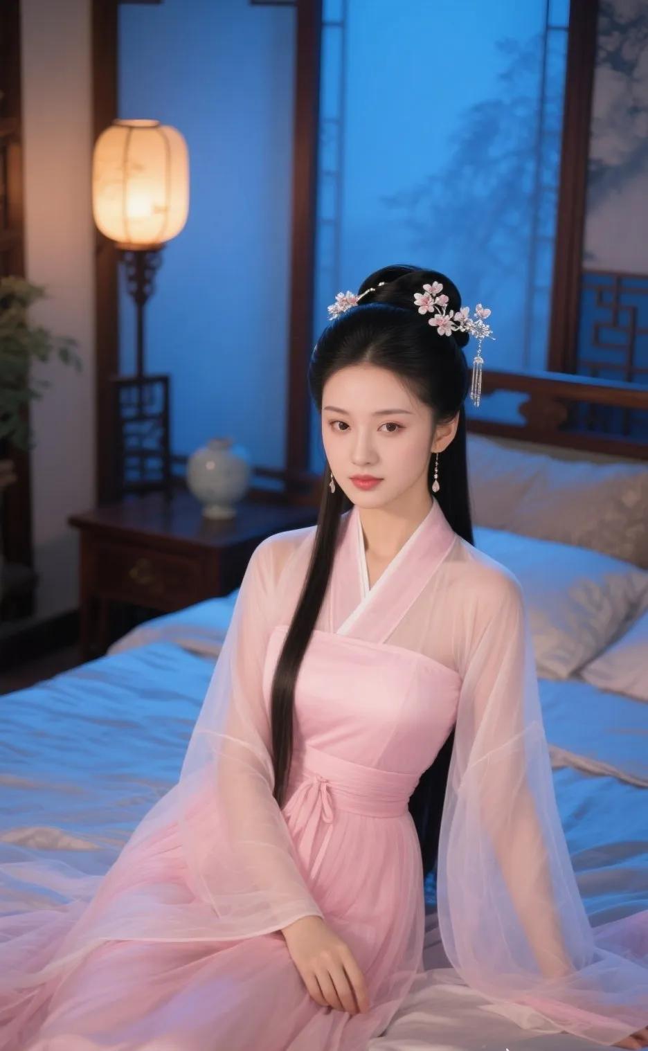古风美人，粉裙飘飘，花簪点缀，韵味十足国风古代美人 粉纱花衣美人 古装簪花小美女