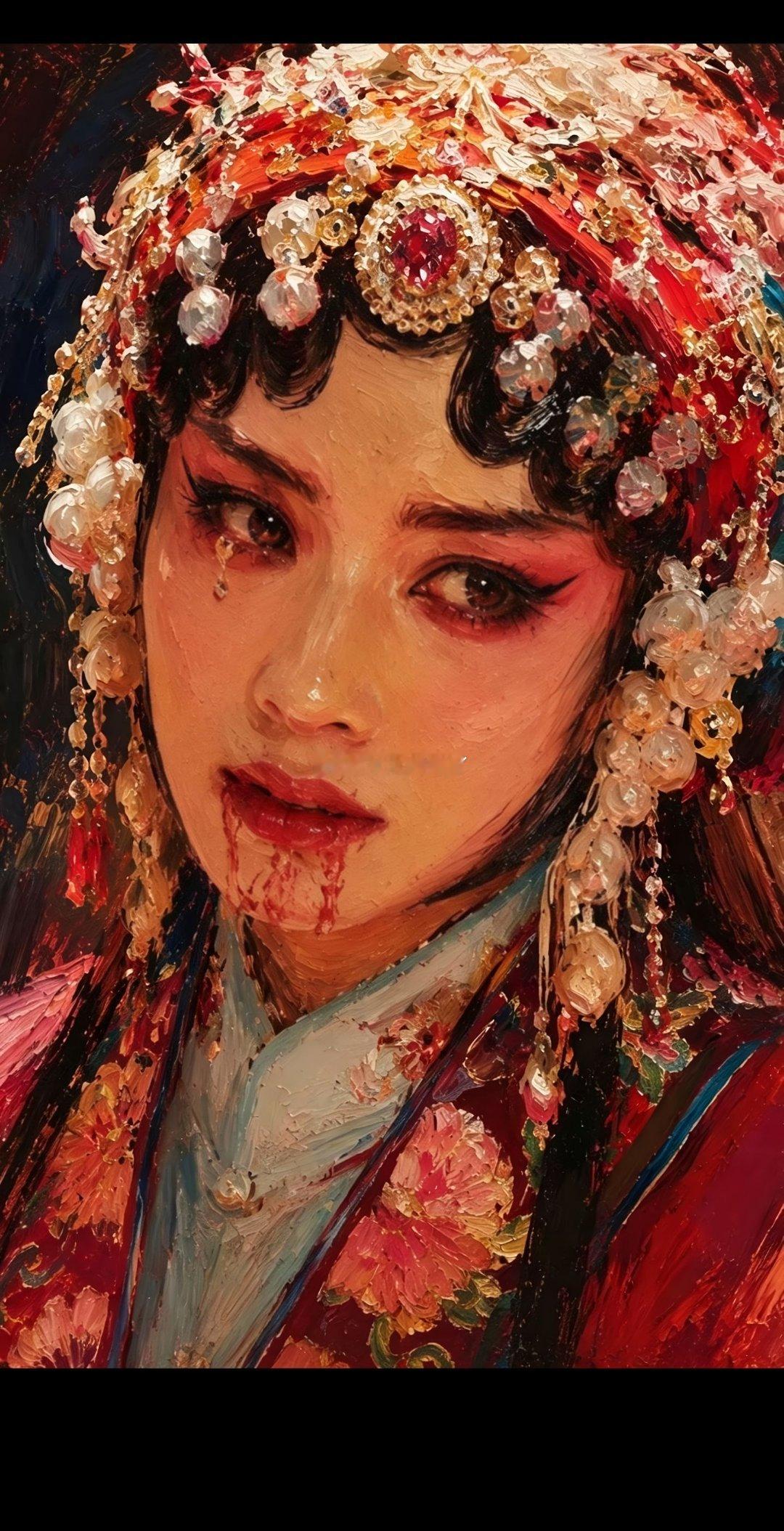 油彩浓艳，勾勒出戏妆下的破碎。血泪从眼角、唇间滑落，华美的头冠与红衣，衬得这抹凄