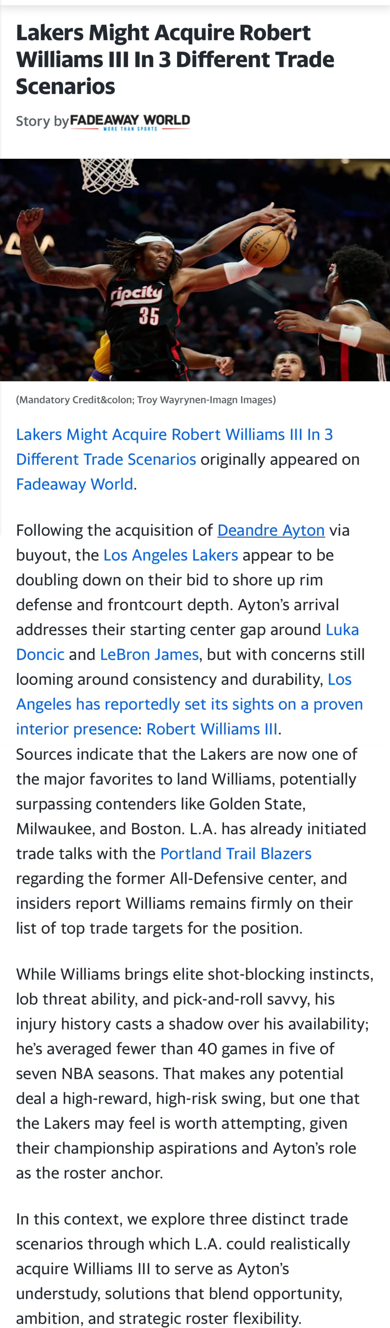 最近并没有写湖人有意罗威，Fadeaway World撰稿人Eddie Bita