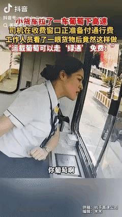 “浙江高速又火了！”浙江杭州，货车司机拉了一车葡萄进收费站，可是收费员却盯着他的