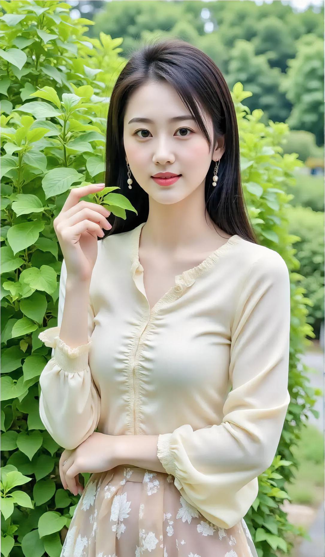 绿叶稠，夏意柔，

浅黄纱裙韵悠悠。

指尖轻触嫩叶秀，

珍珠耳坠暖心头。
