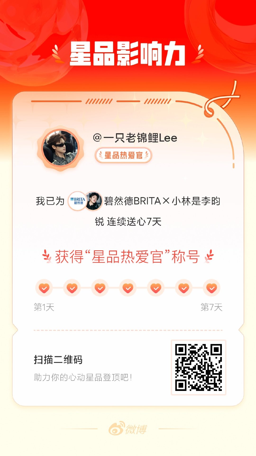 我在星品影响力上为 X 连续送心7天，获得“星品热爱官”称号！快来一起pick你