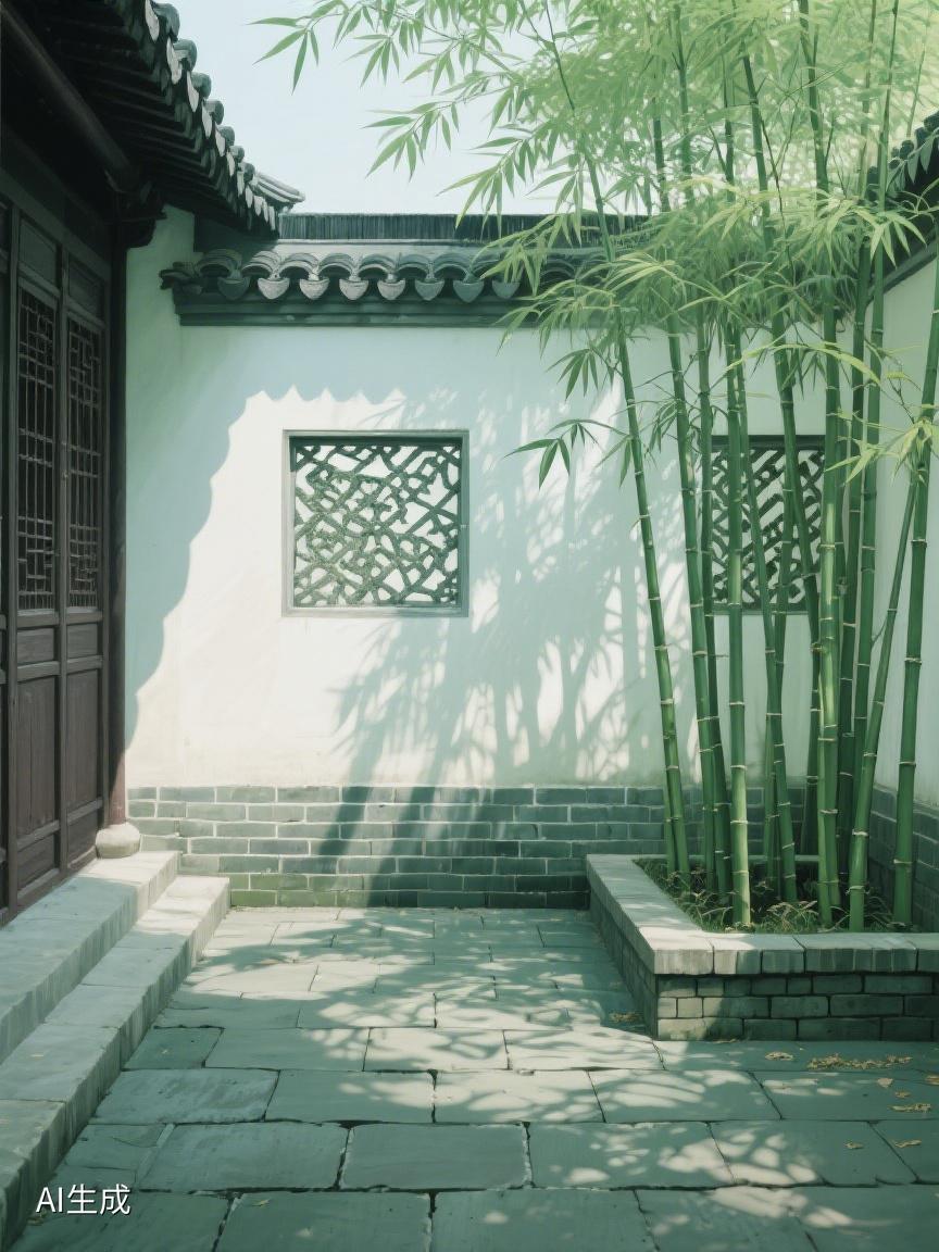 AI妙生图古巷清幽，竹影摇曳，白墙灰瓦间，时光在此慢下脚步，静静诉说岁月的故事。