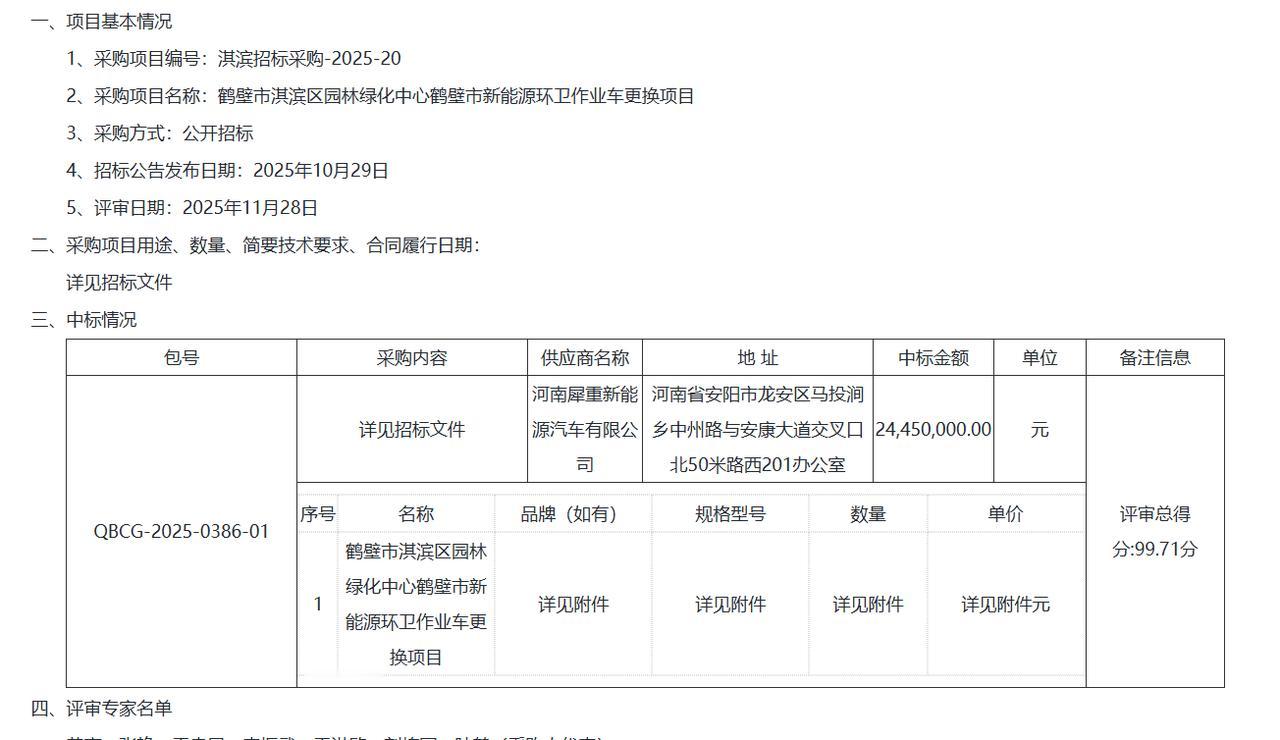 鹤壁市淇滨区园林绿化中心鹤壁市新能源环卫作业车更换项目-中标公告，金额2445万