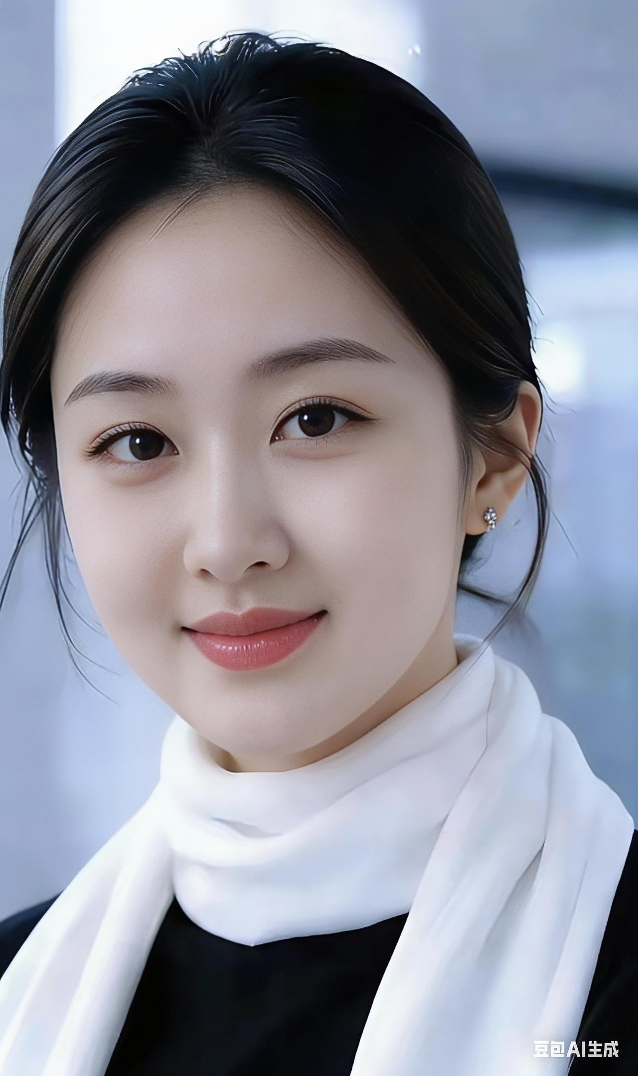 这位姑娘笑得格外温婉。
明眸含笑意面容柔，
素巾轻绕衬得气质温优。
浅淡妆容惹人