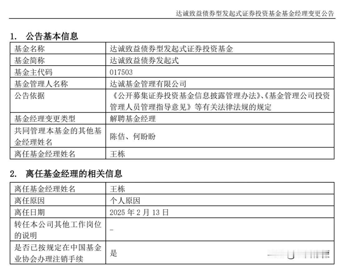 达诚基金的基金经理王栋，因个人原因离任多只基金。