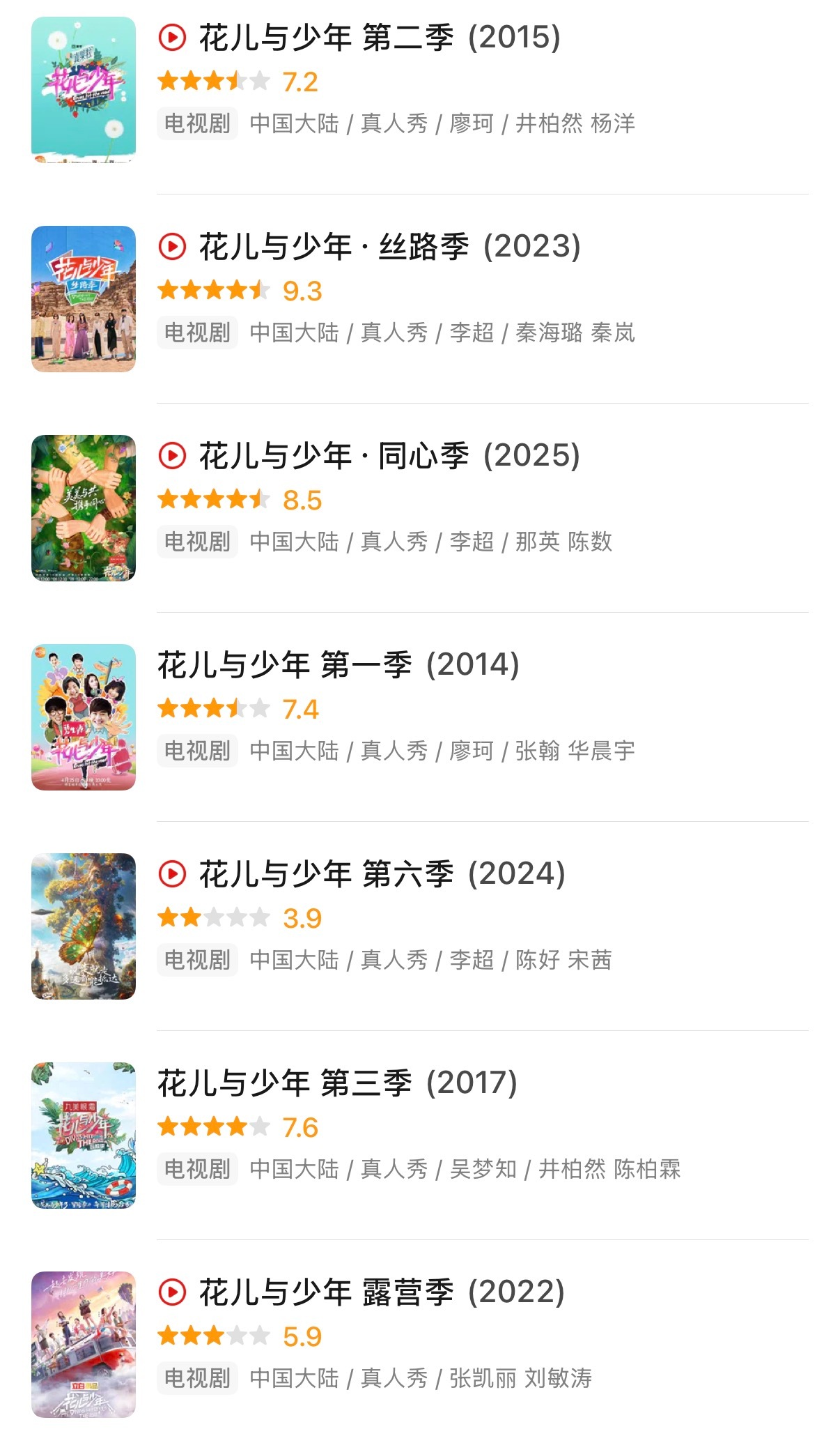 花少2我真的骂不出来花儿与少年第1季至第7季豆瓣评分对比 ​​​