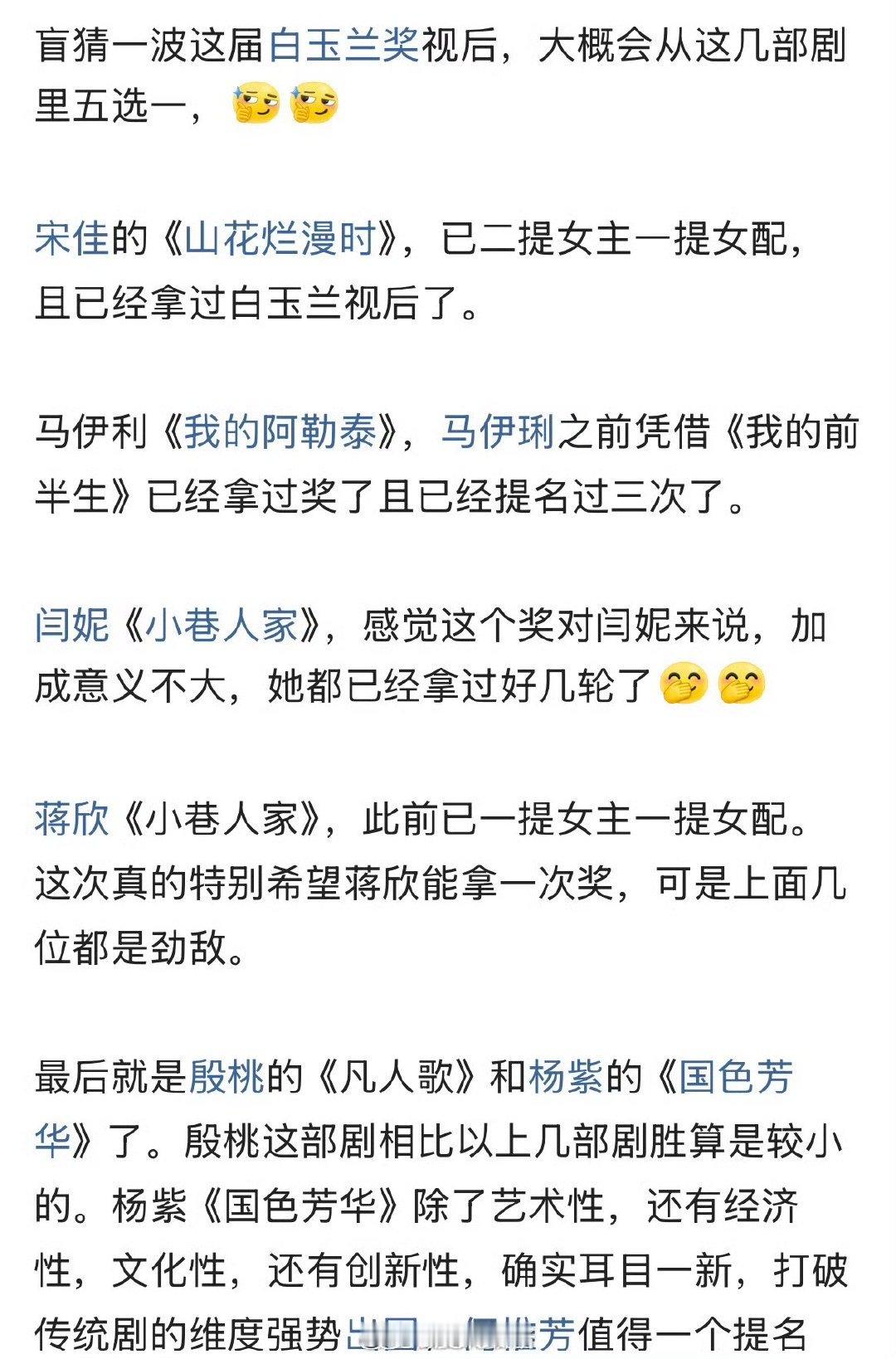 网友预测的白玉兰提名，实力如何？ ​​​