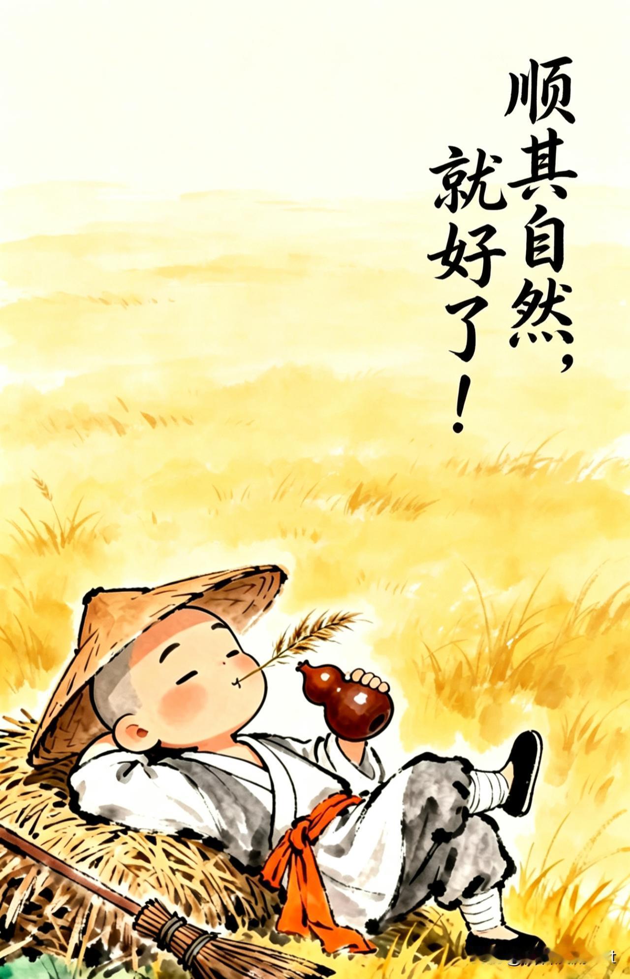 草坡闲卧
 
草帽斜搭卧草坡，
竹帚闲抛任消磨。
口衔禾穗吹轻曲，
手把葫芦笑呵