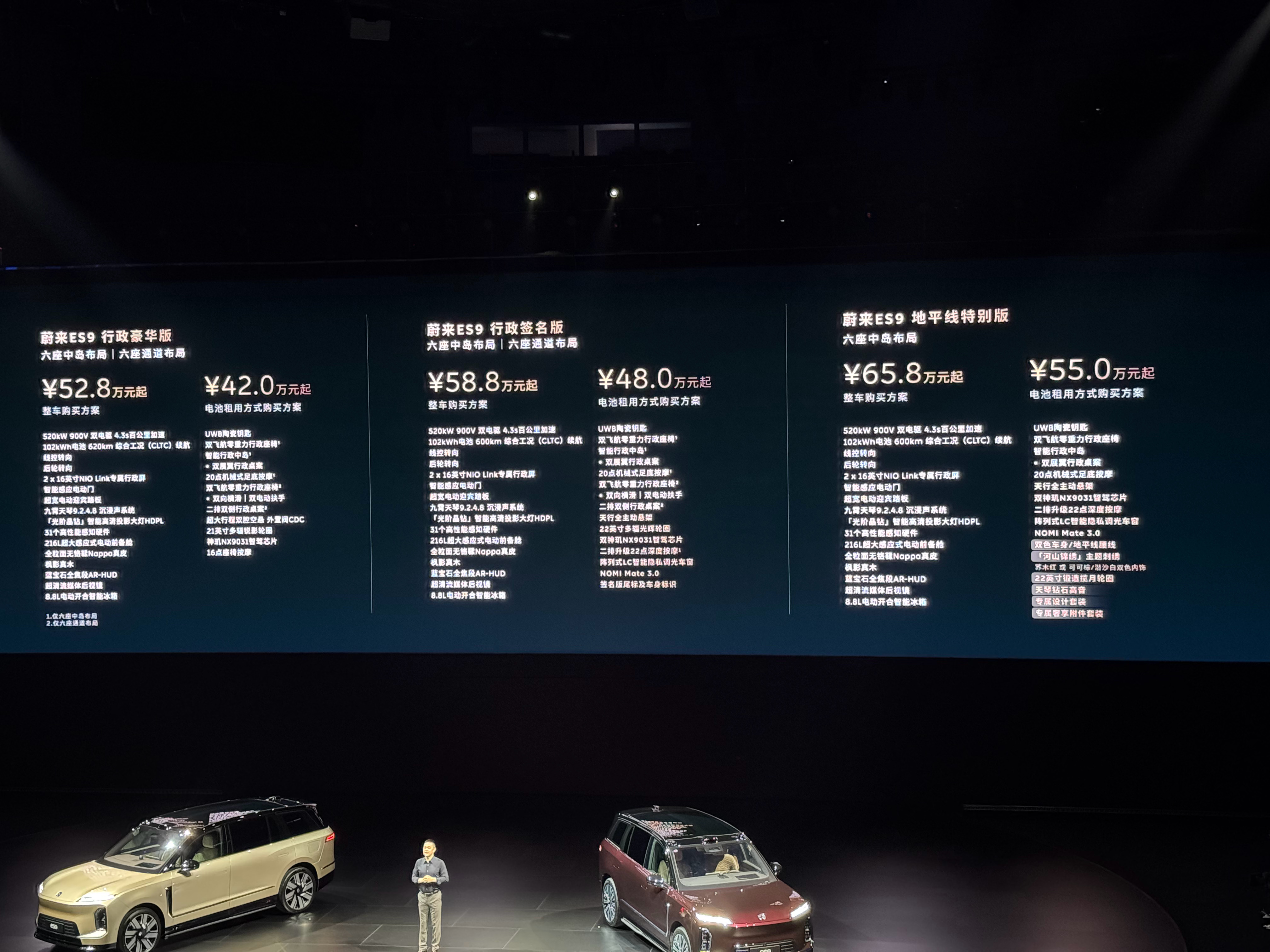 ES9预售价公布三个版本，分别是行政豪华版、行政签名版、地平线特别版，预售价分别