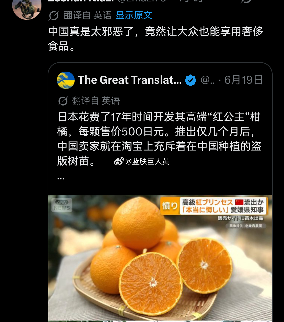 最近日本一直在指控“中国偷了日本开发的高端柑橘红公主”，结果转推区的外网评论大翻