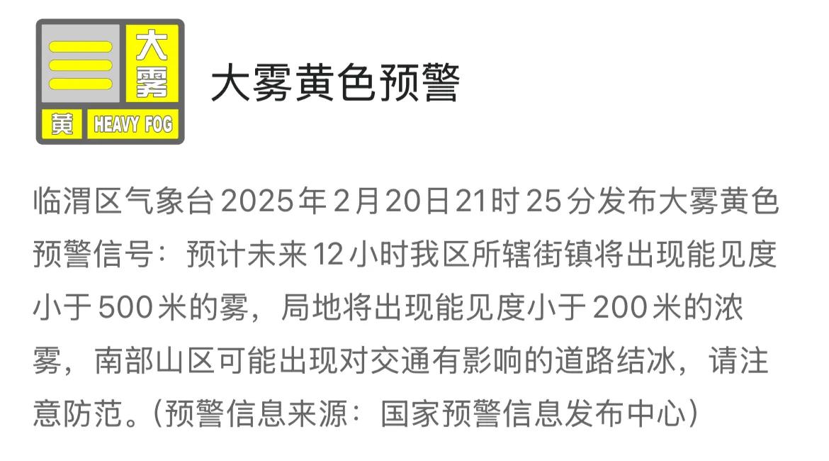 临渭区气象台2025年2月20日21时25分发布大雾黄色预警信号：预计未来12小