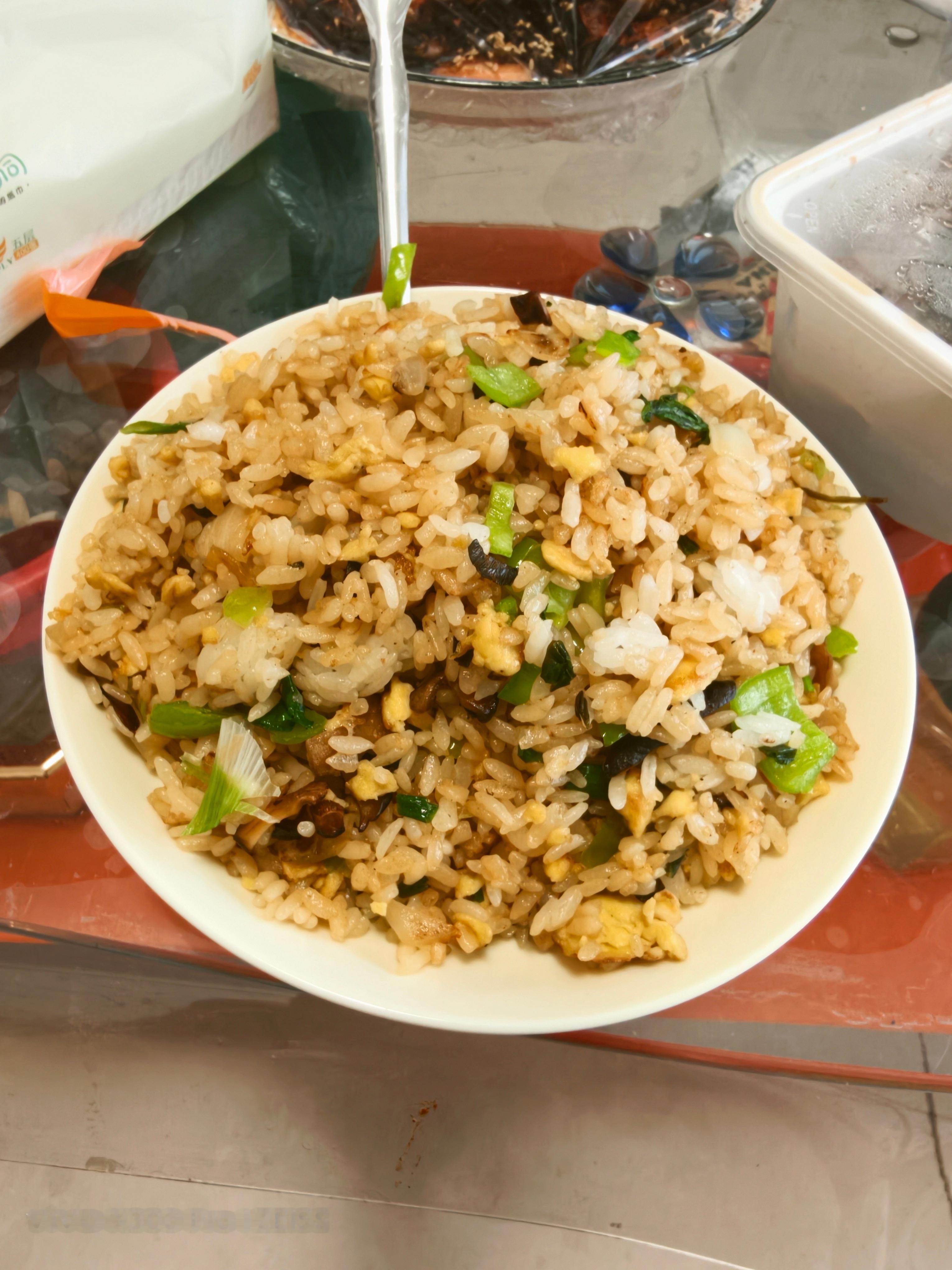 ！！！媳妇做的炒饭，用鹅蛋炒的，挺香的，里面还有好多配菜。我的日常plog鲨鱼的