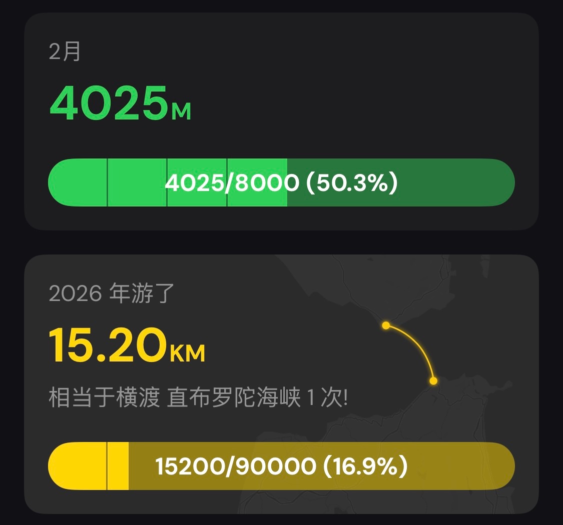 游到最后100米，终于来了一位女泳友互相探讨了一下泳姿技巧导致苹果表的距离记录都