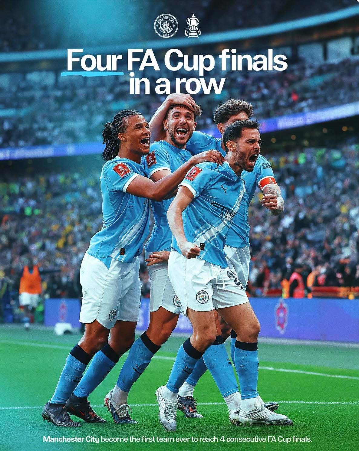 曼城連續4年入足總盃決賽，對上兩年都係第二（輸俾曼聯同水晶宮），今年再攞第二嘅話