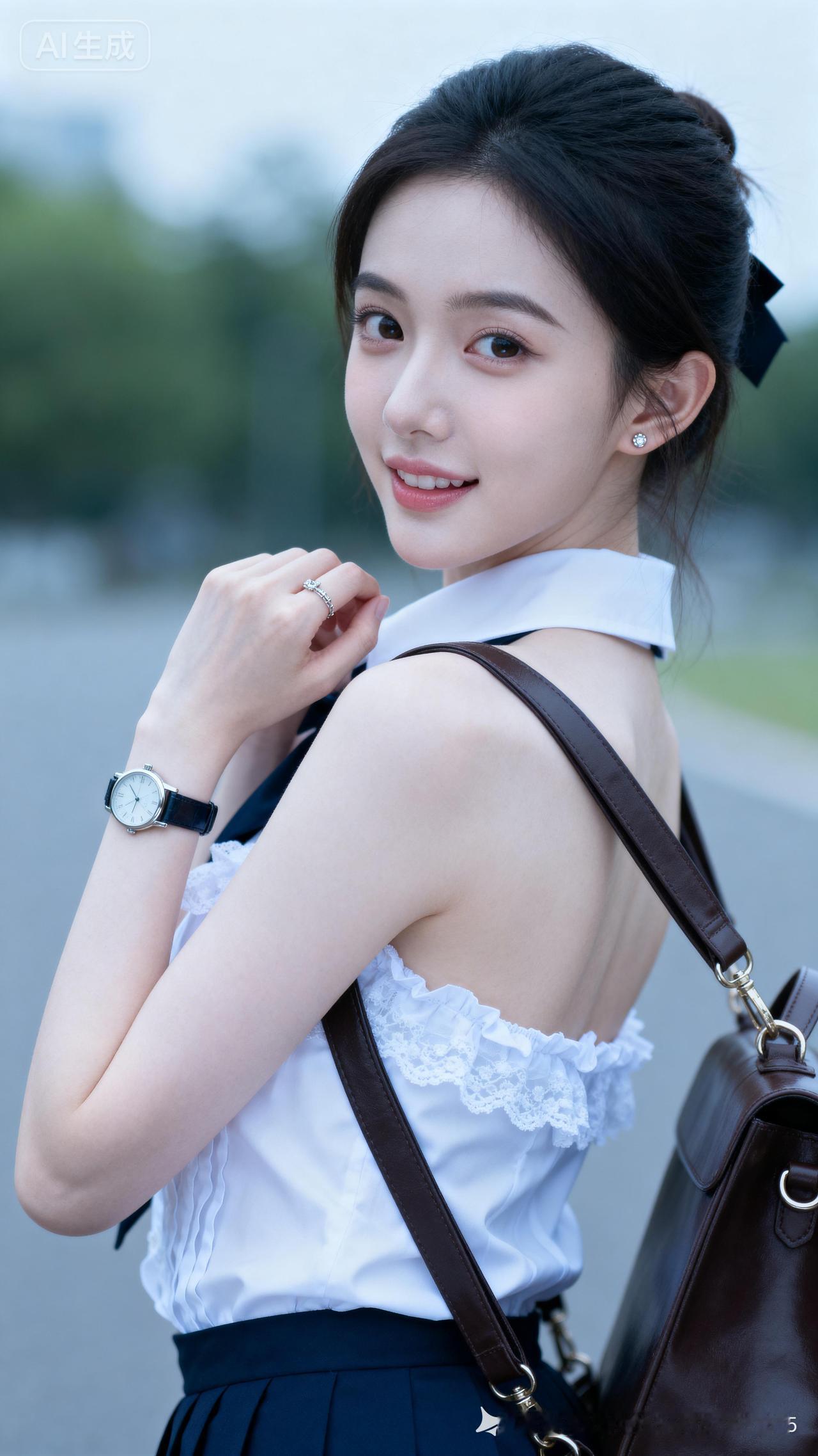 南方甜美少女，冷白皮冰瓷玉肌，露肩修身显完美身材，莫兰迪配色，戴首饰背包包，随机