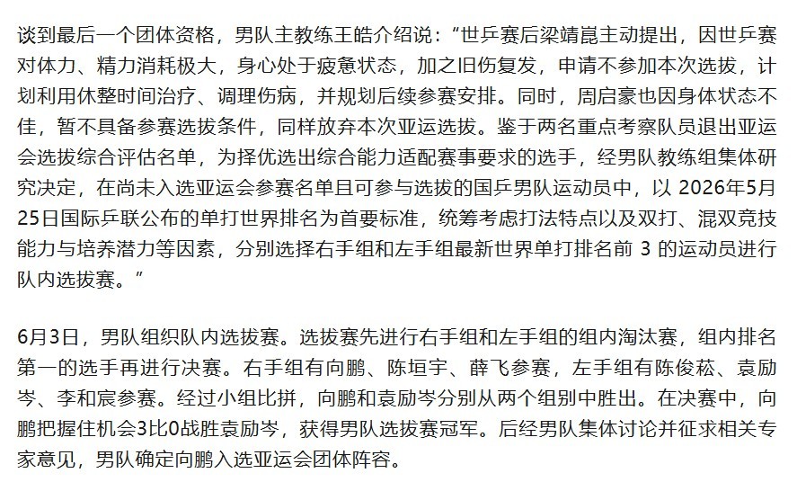 #王皓回应亚运会参赛名单##国乒亚运会各单项名单出炉#  中国乒协公示名古屋亚运