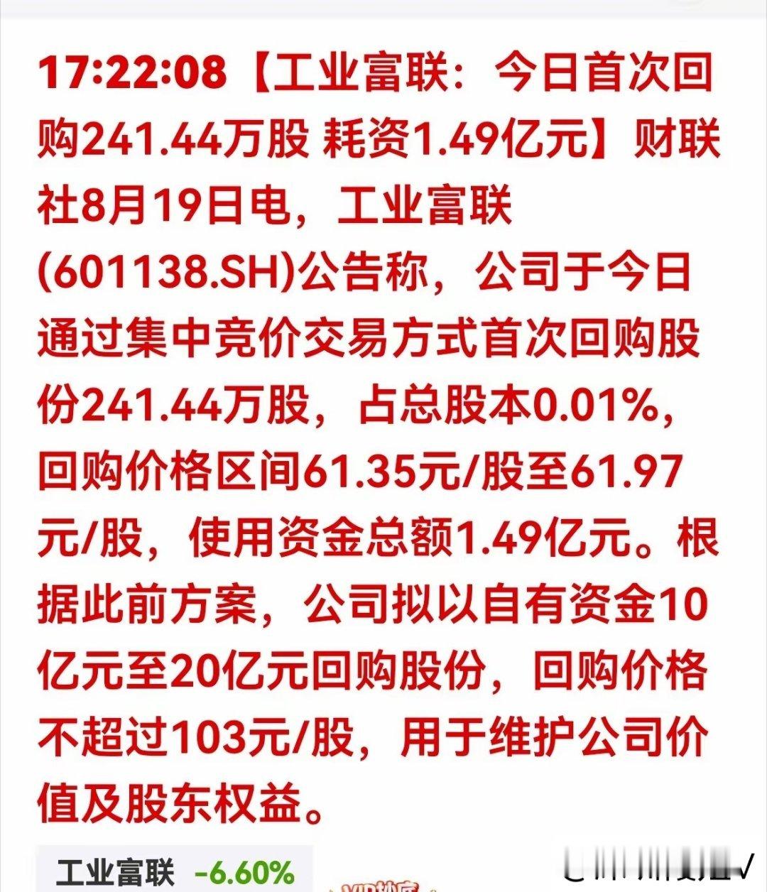 真金白银护盘！工业富联首次回购1.49亿，10‑20亿回购计划落地斥资1.49亿