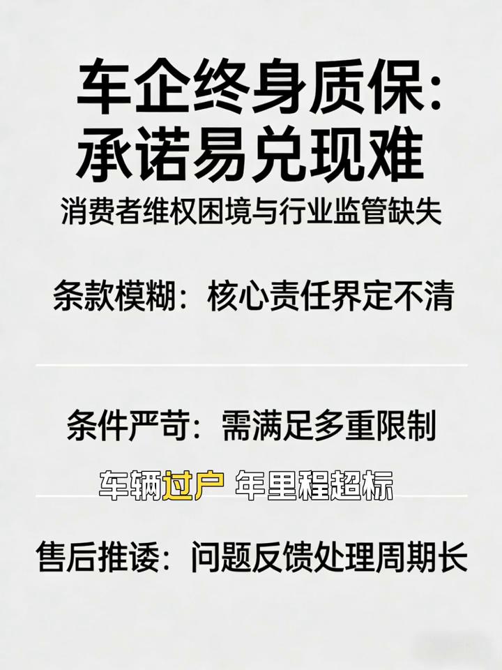 车企终身质保：承诺易兑现难。
消费者维权困境与行业监管缺失。条款模糊：核心责任界