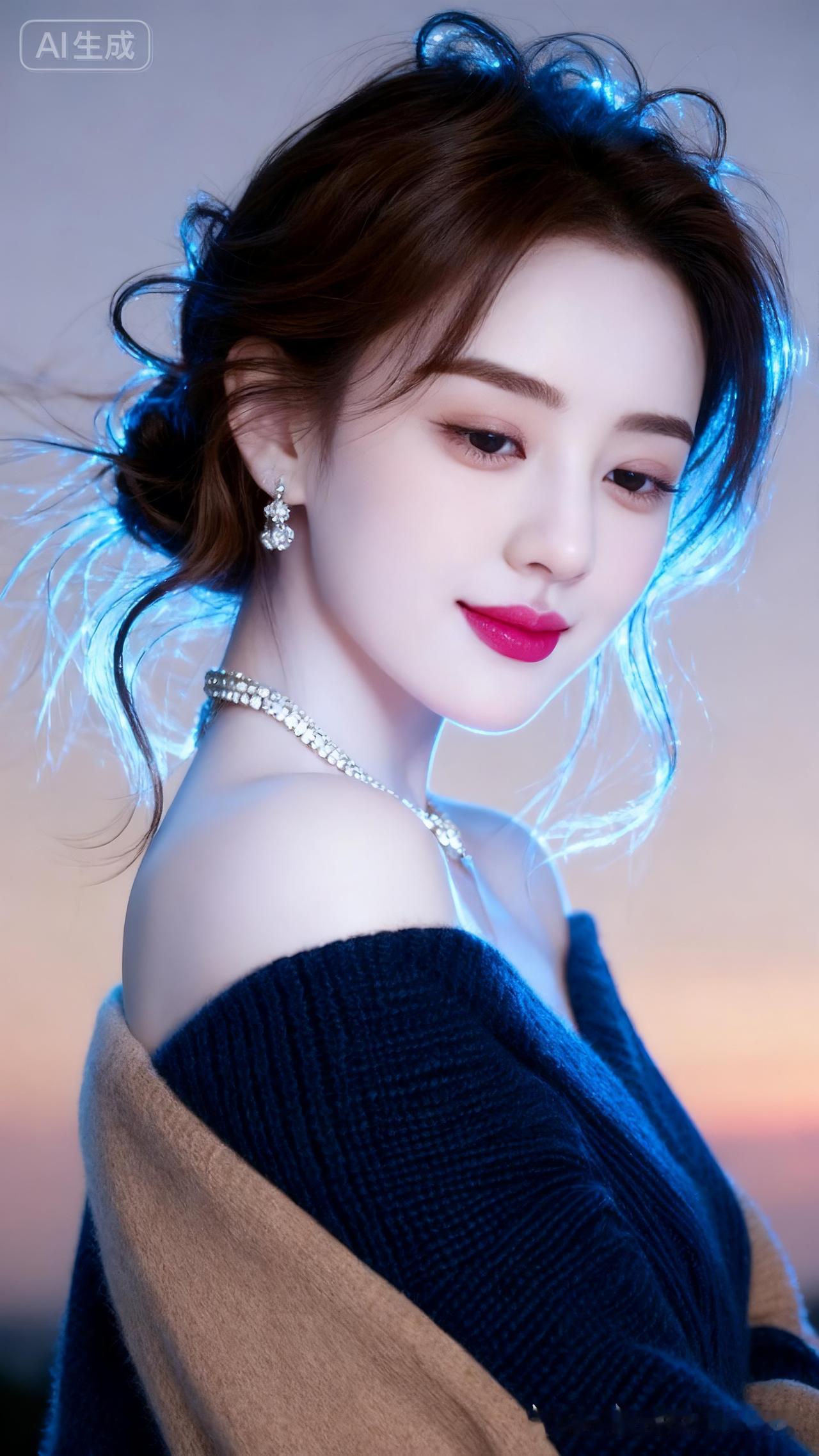 深棕慵懒波浪半扎发丝随风轻扬泛柔光，瓜子脸樱桃小嘴，饱满立体玫红唇，莹润透亮白皮