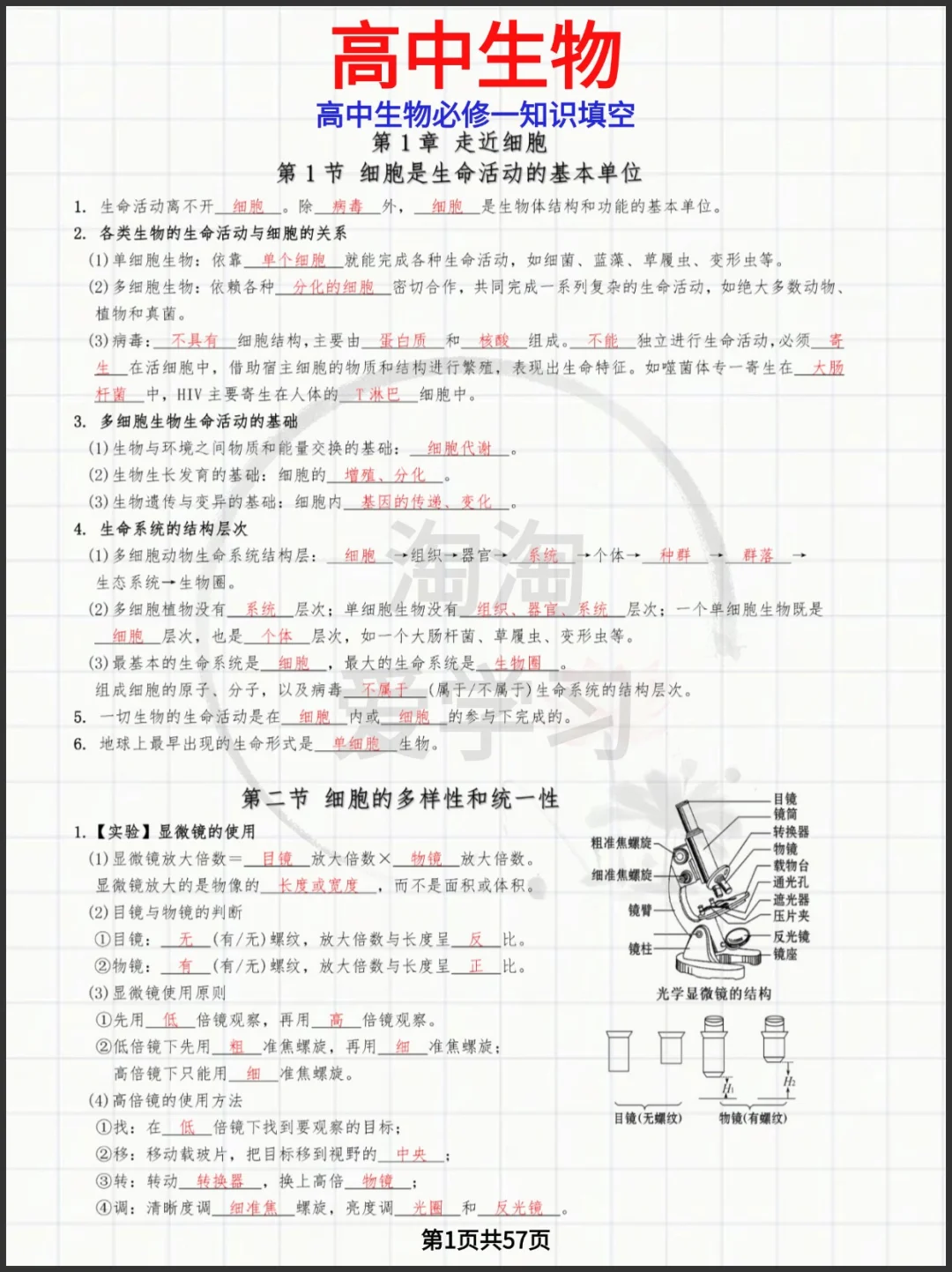 高中生物必修一《分子与细胞》知识填空